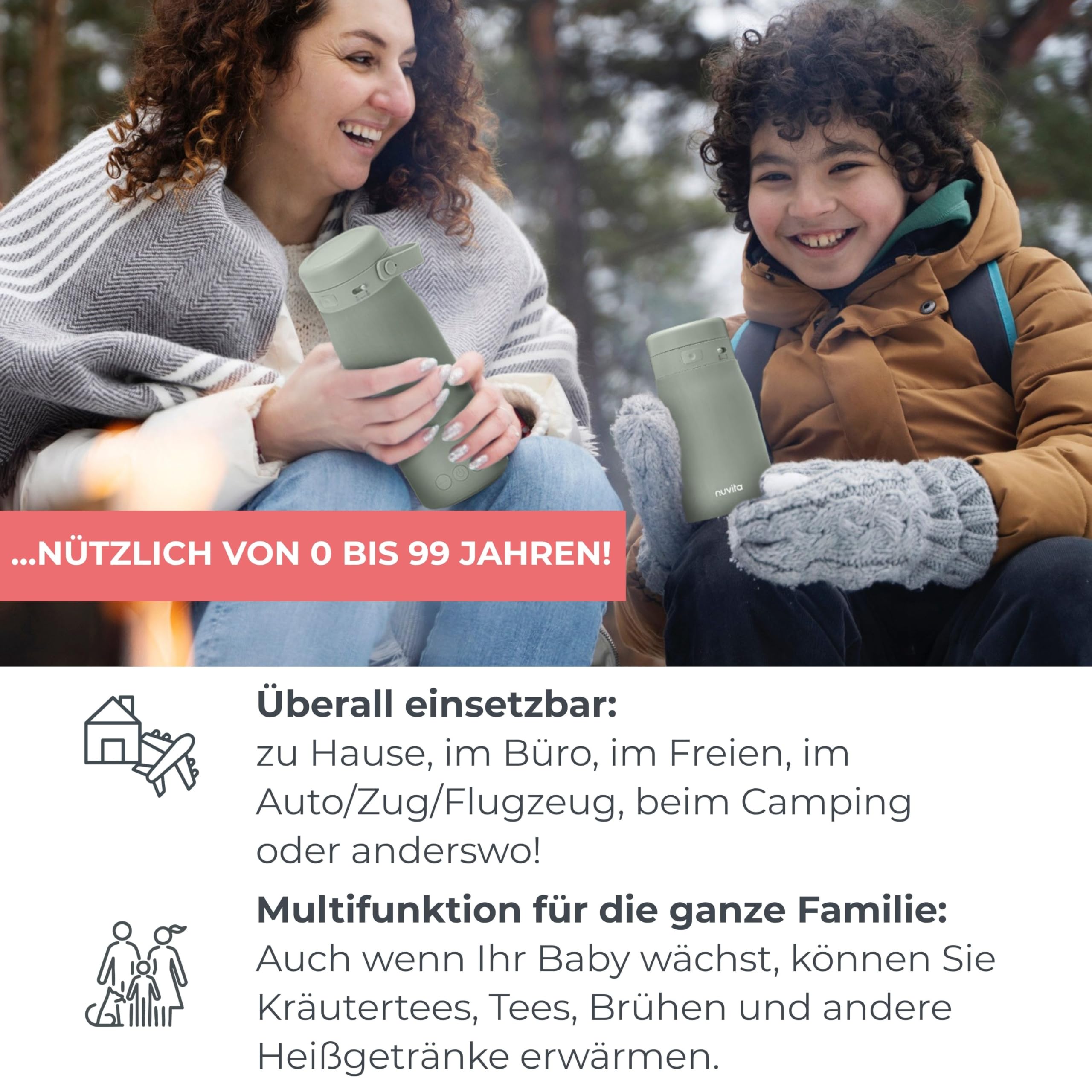 Nuvita 1190 Tragbarer Milchwärmer 500 ml – Kabelloser Flaschenwärmer mit wiederaufladbarem Akku, 3 wählbare Temperaturen 37 °C/55 °C/100 °C, hält bis zu 12 Stunden warm, ideal für Milch und Kräutertee
