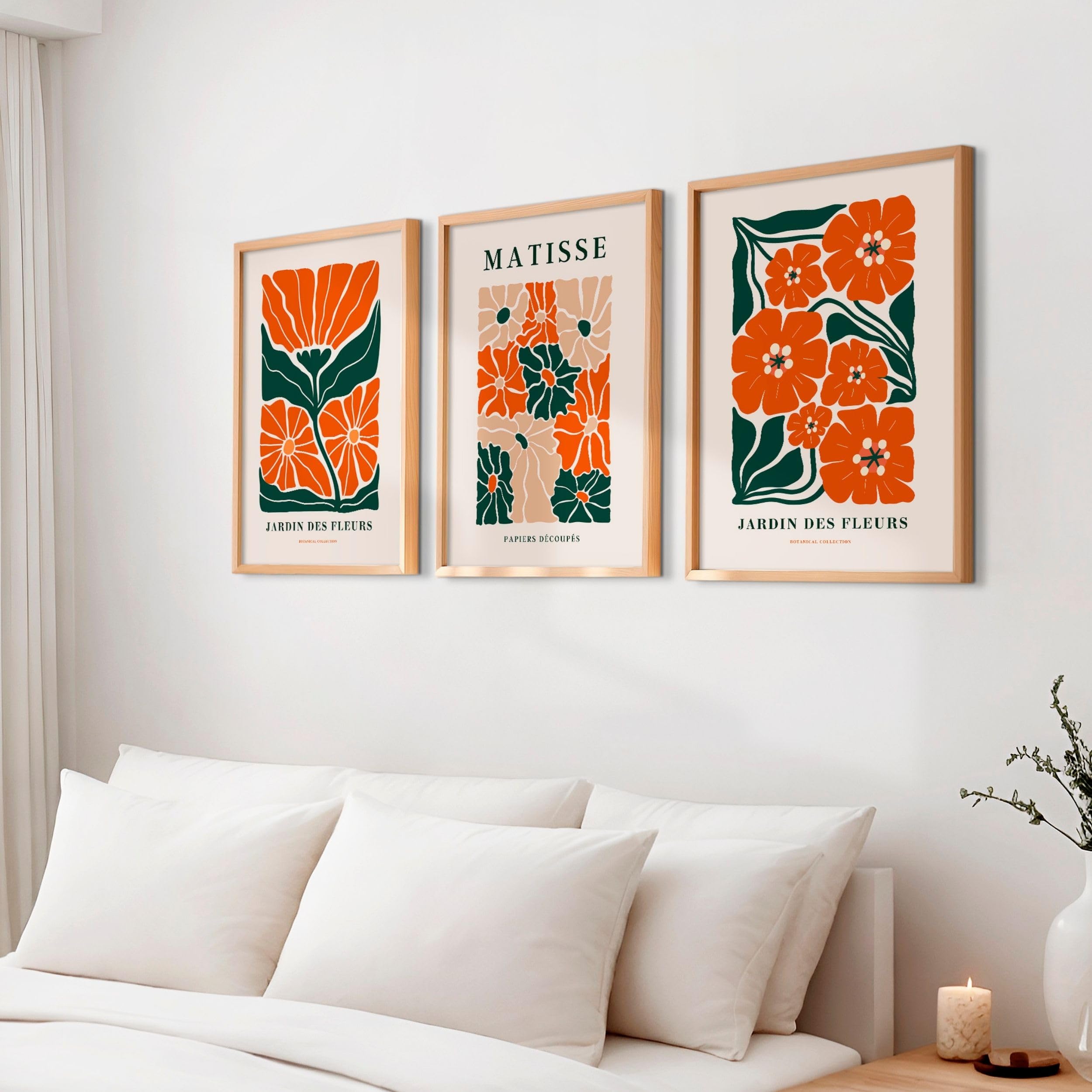 Matisse - Juego de 3 pósteres florales para pared, color naranja y verde