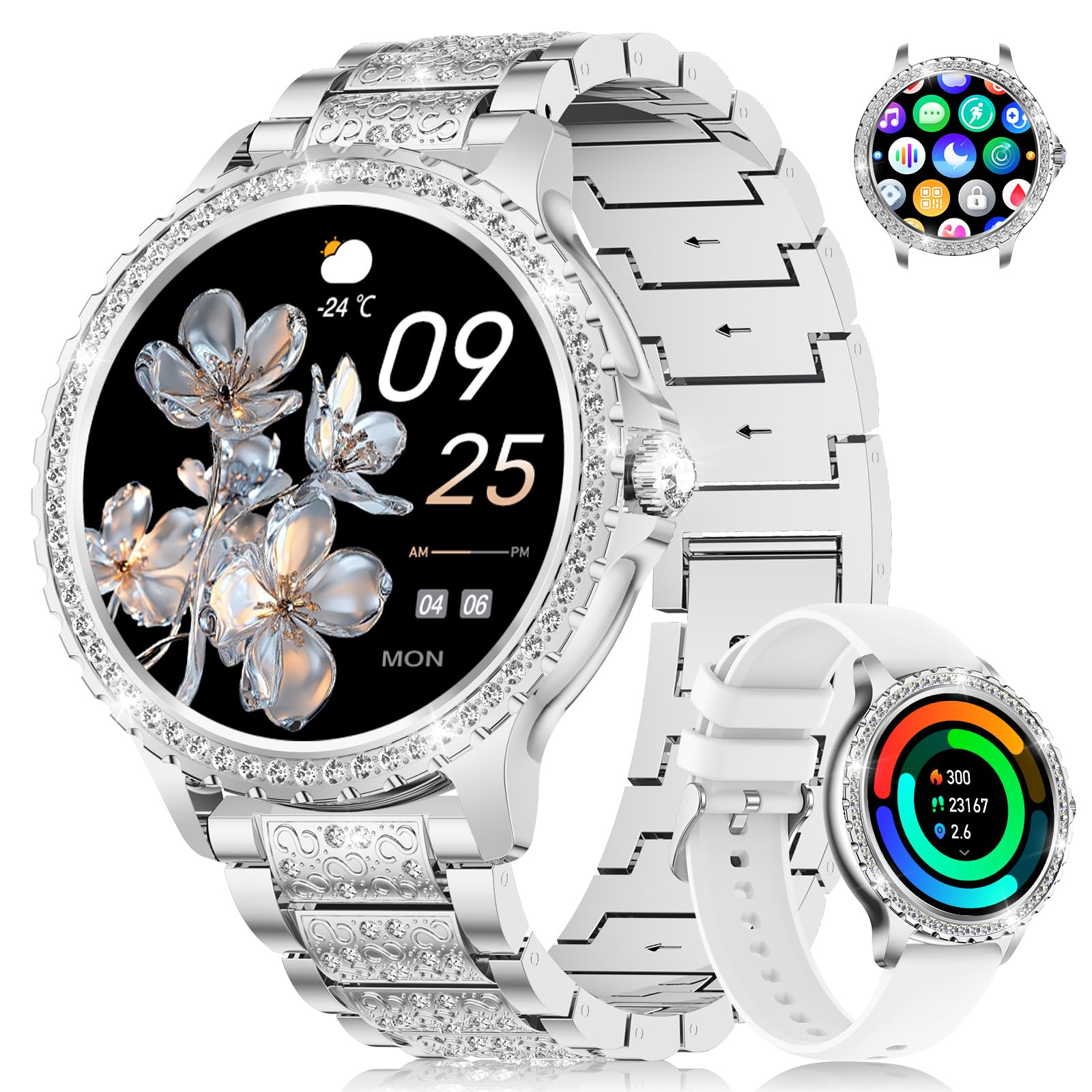 Smartwatch Damen mit Zirkonia-Steinen, 1,32‘’ HD Touchscreen Ultra 9mm Elegante Fitnessuhr mit Bluetooth Anruf & Nachrichten, Puls/SpO2/Menstruationszyklus, 100+ Sportmodi für iOS Android, Silber