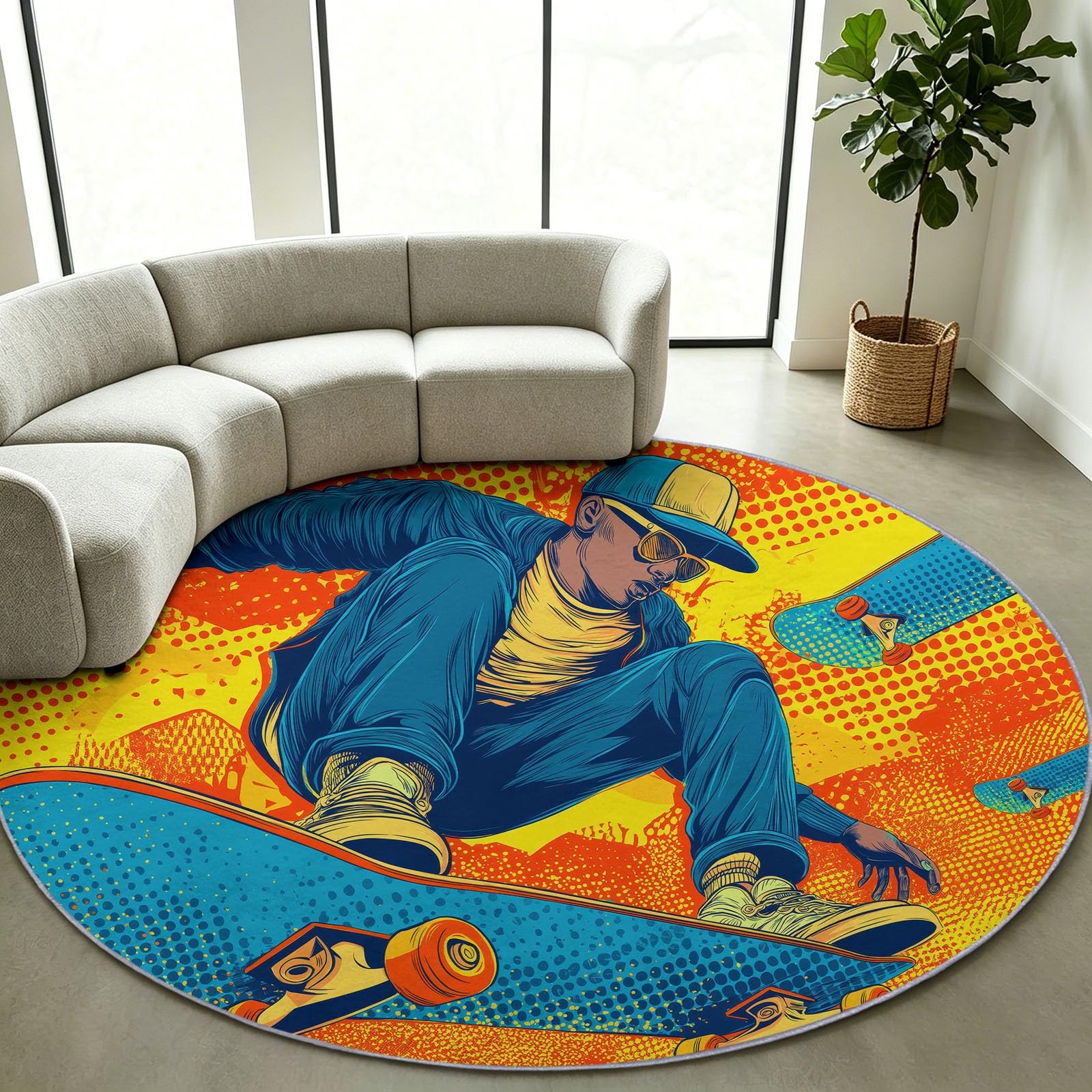 Okrągły dywan sporty amerykańskie, miękki zmywalny antypoślizgowy dywan w kształcie okręgu - żółty pop art męska deskorolka mata podłogowa dla dzieci, chłopców i dziewcząt, sypialnia, pokój zabaw