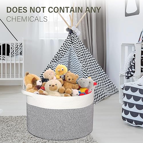 Miniatura 5 de Cesta grande de cuerda de algodón, 22x22x14 pulgadas, canasta tejida suave con asas para guardar mantas, ropa de bebé, ropa sucia (mezcla de azul