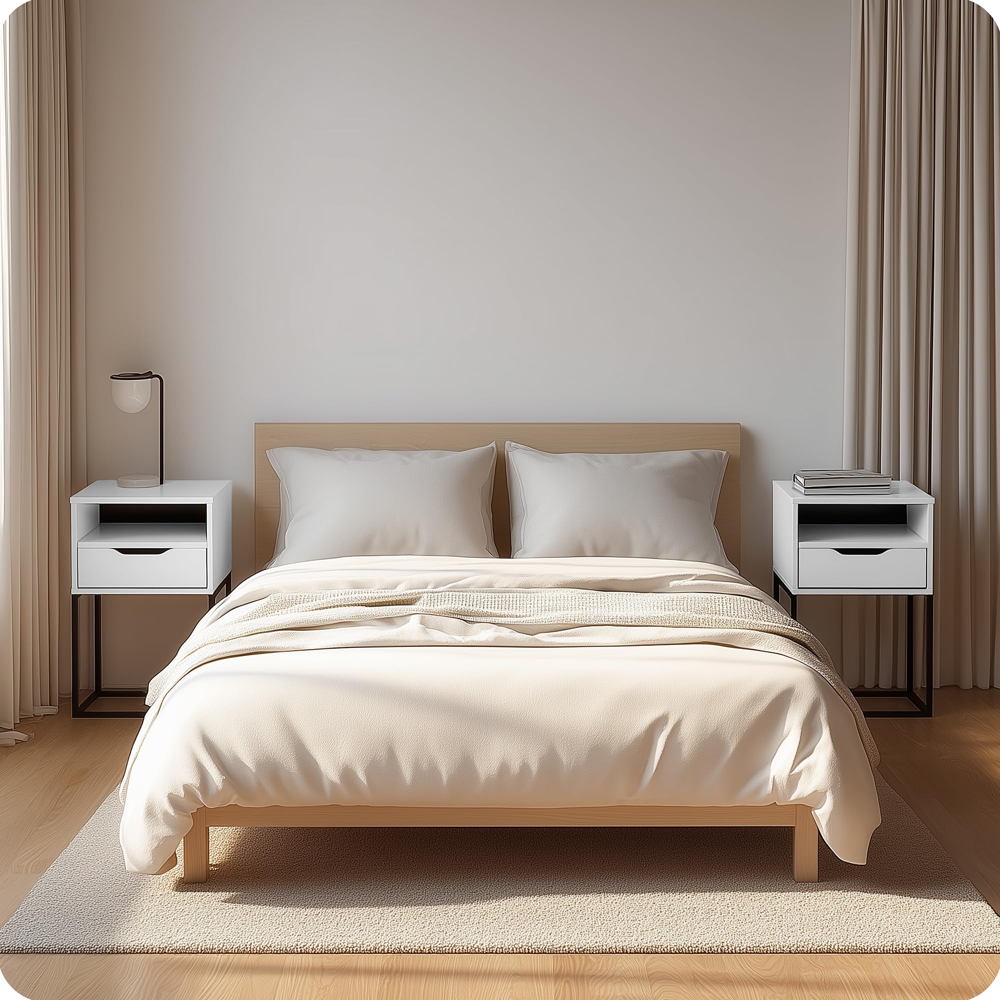 POSNORD Nachttisch 2er Set mit Schublade | 38 x 63 x 36 cm (BxHxT) | Hoher Schmaler Nachtschrank für Boxspringbett | Moderne Nachtkommode aus MDF & Metall
