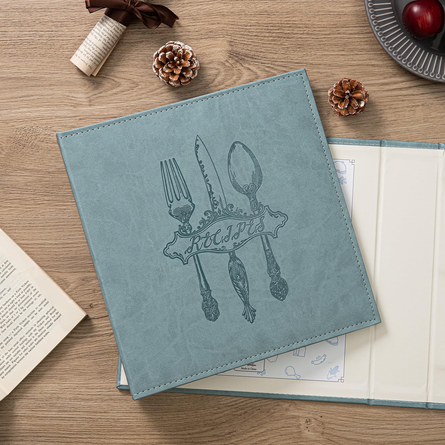 COFICE Raccoglitore per ricette, 21 x 28 cm, 3 anelli, vuoto, per scrivere le proprie ricette, con copertina in similpelle PU e buste in plastica (acquamarina)