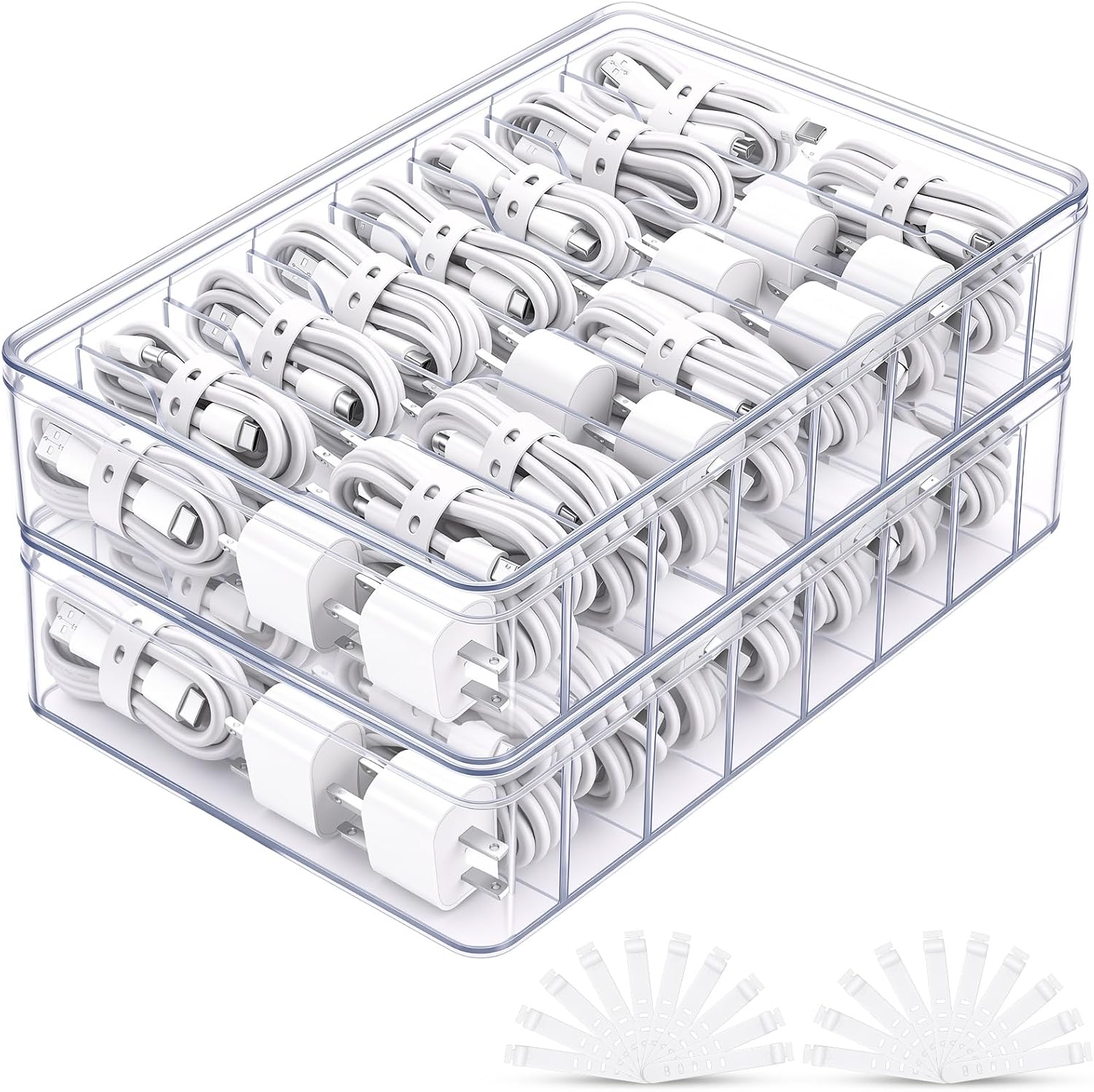 Tatuo 2 Pcs Cord Organizer for Drawer Desktop, Cable Organizer Box with 8 Compartments and Wire Ties, Plastic Charger Storage with Lid, Electronics Case for Home Office Accessories (Large,Clear)