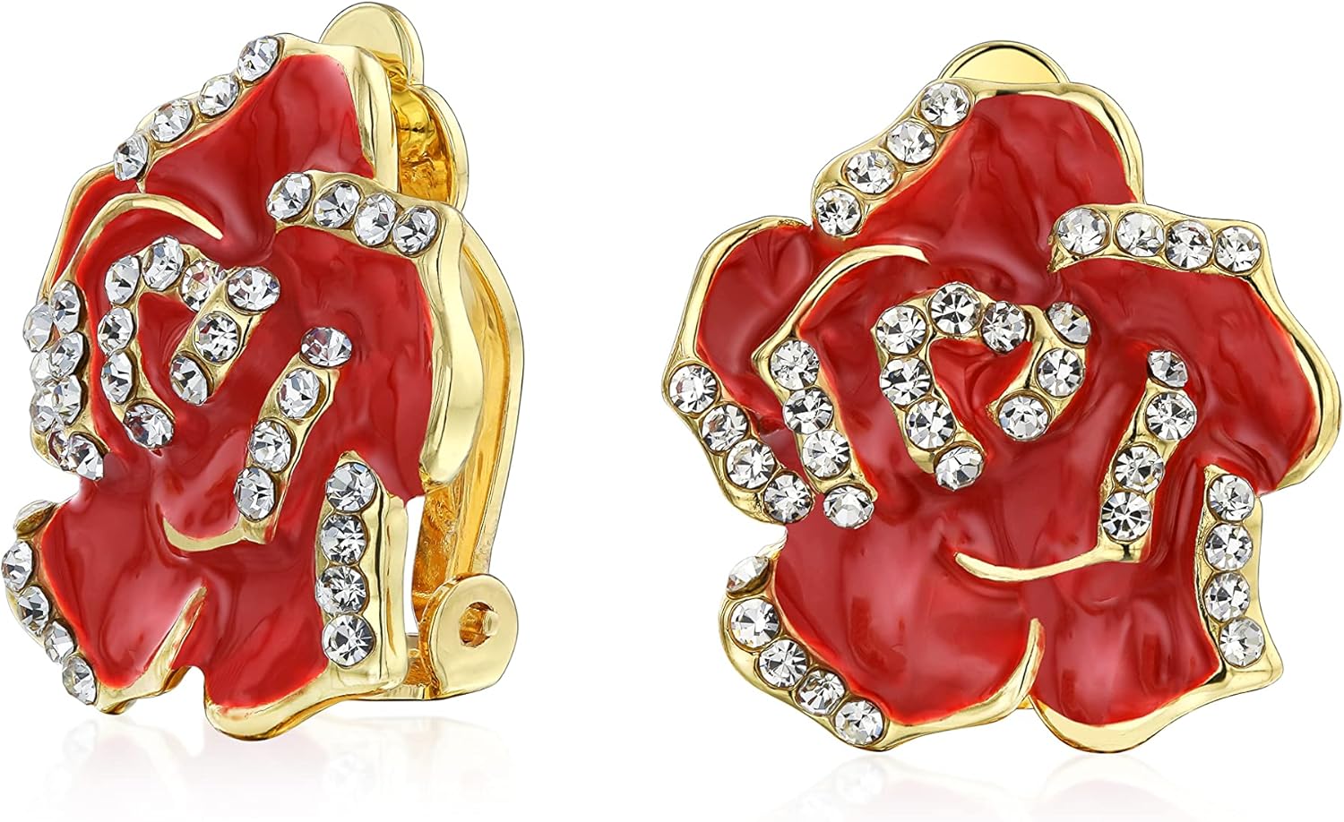 Pink Red Enamel Flower Crystal Edge Spring Retro Floral Rose Clip On Earrings For Women Non Pierced Ears 14K Gold Plated
