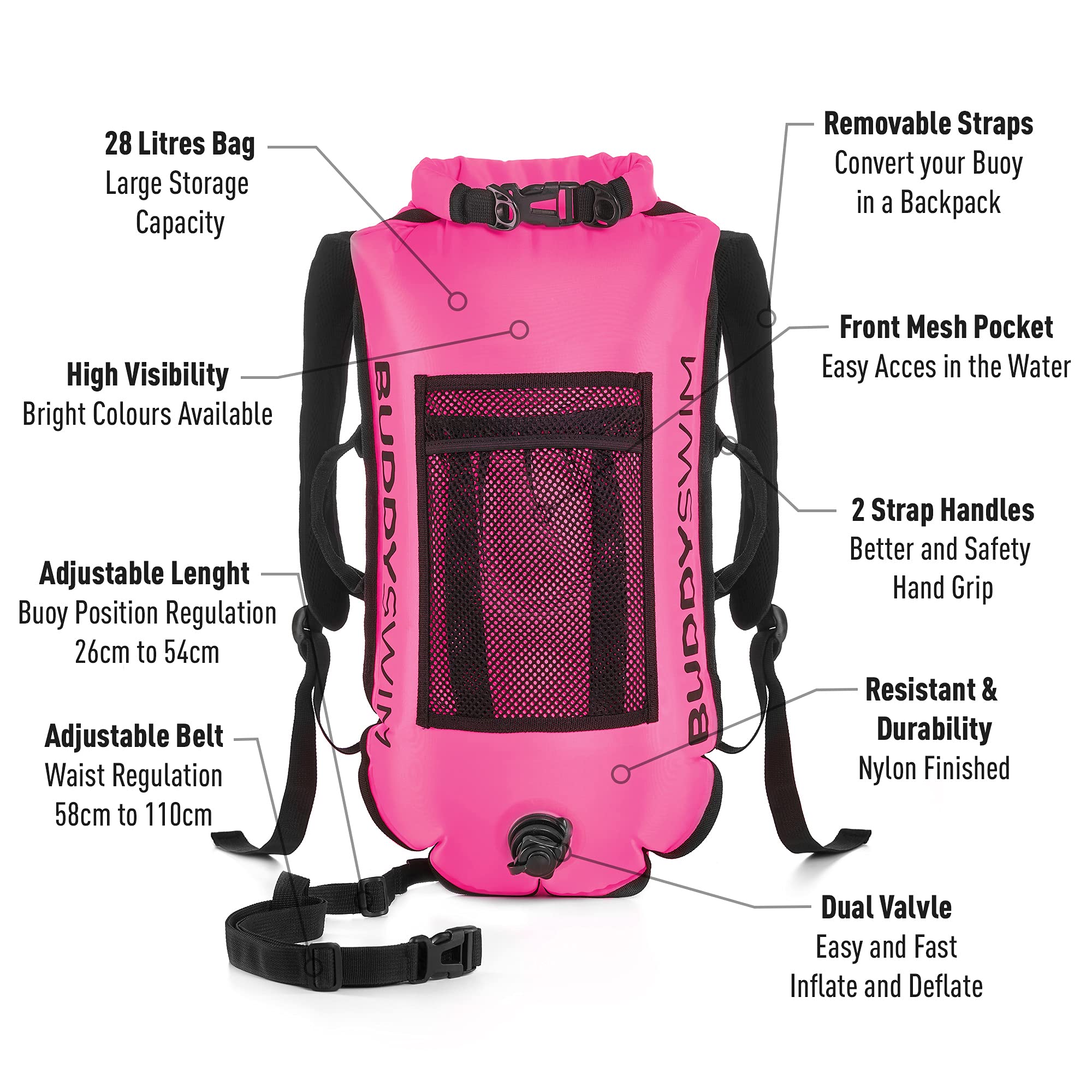 Open Water Schwimmboje Backpack 28 L mit 100% wasserdichtem Beutel und abnehmbarem Rückenpolster. Schwimmboje Erwachsene, leicht, langlebig und einfach zu Falten.