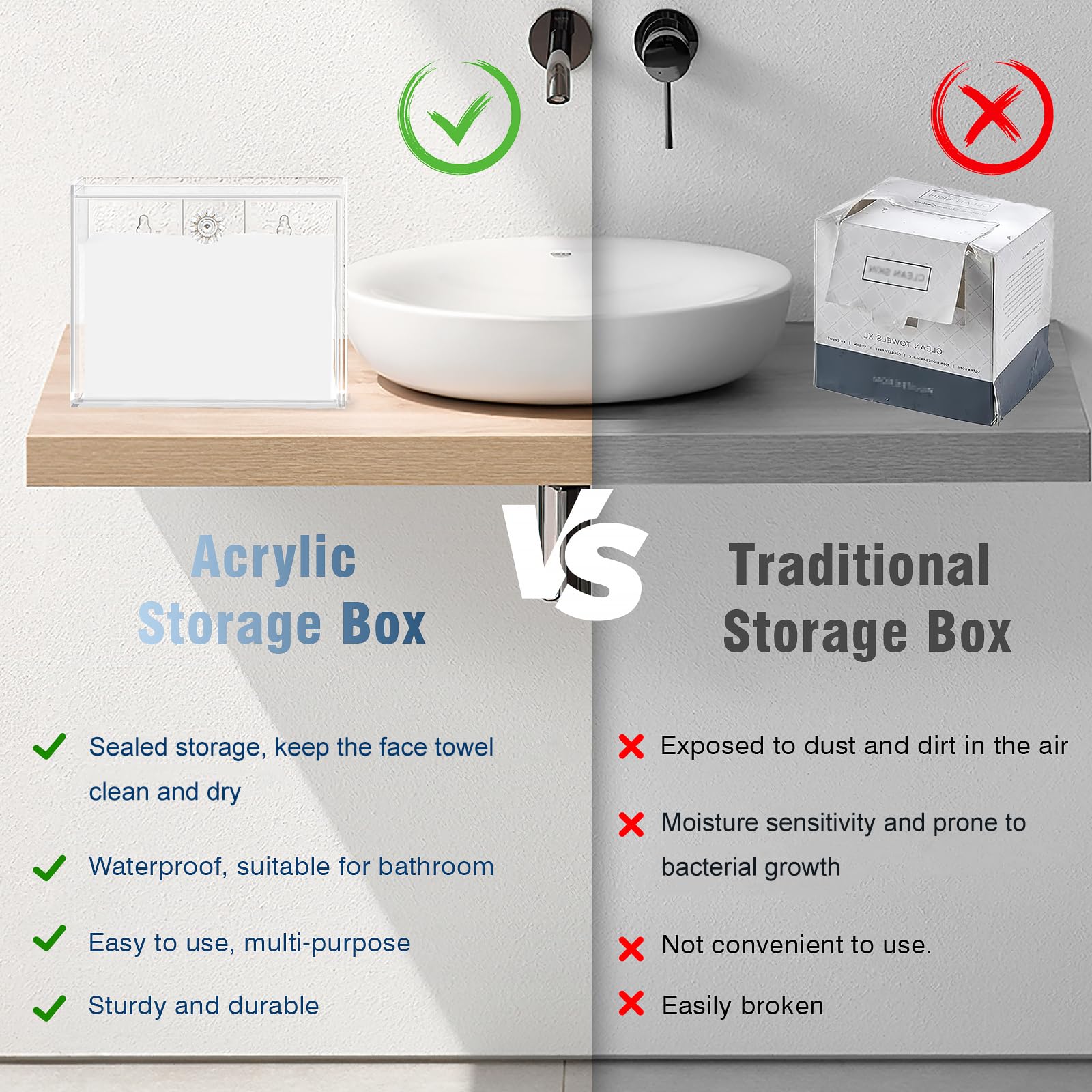 Caja desechable para toallas faciales con cajón, contenedores de almacenamiento acrílicos compatibles con toallas faciales limpias Clean Skin Club, organizador de maquillaje transparente para