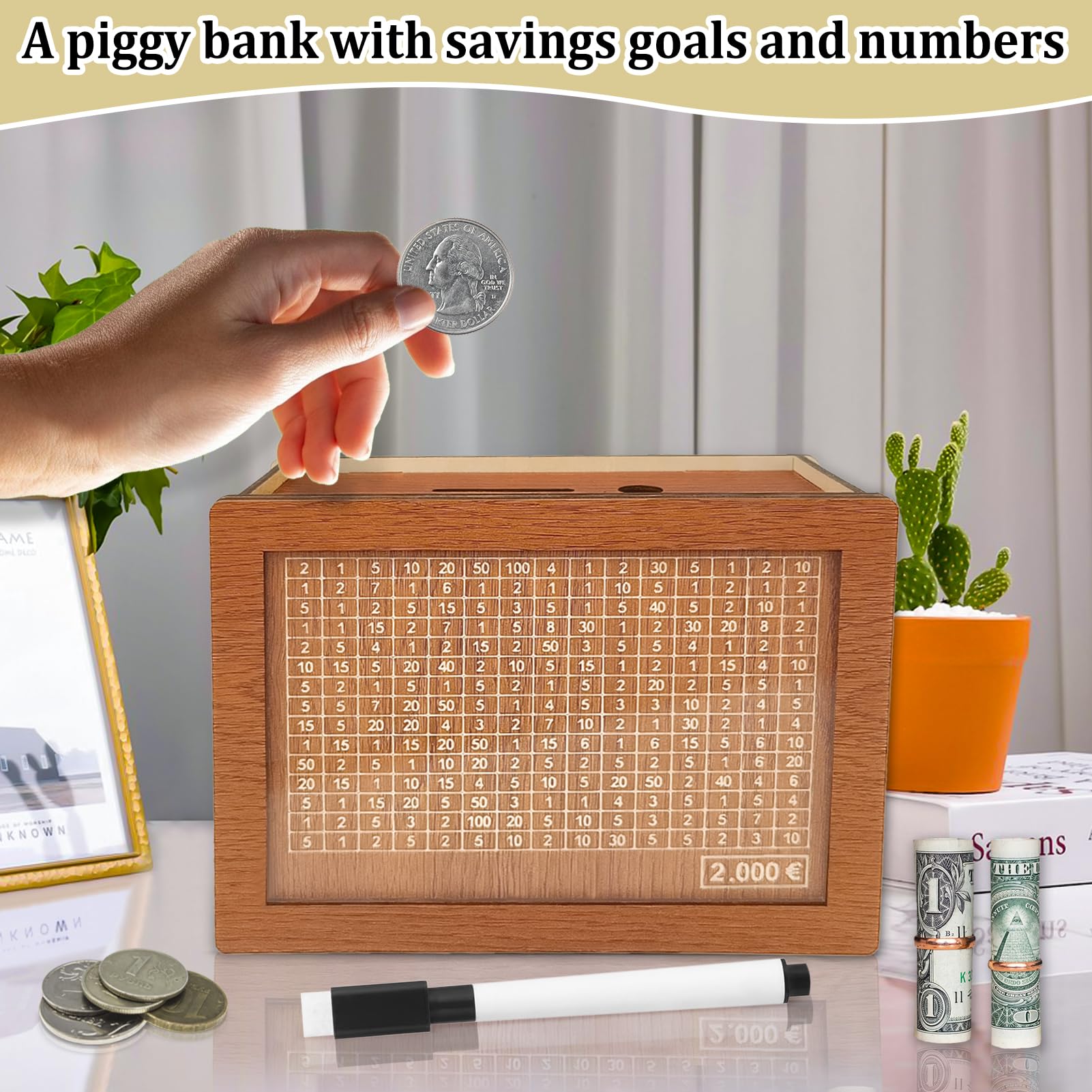 Hucha de Madera Retro con Objetivos de Ahorro, Reutilizable para Niños