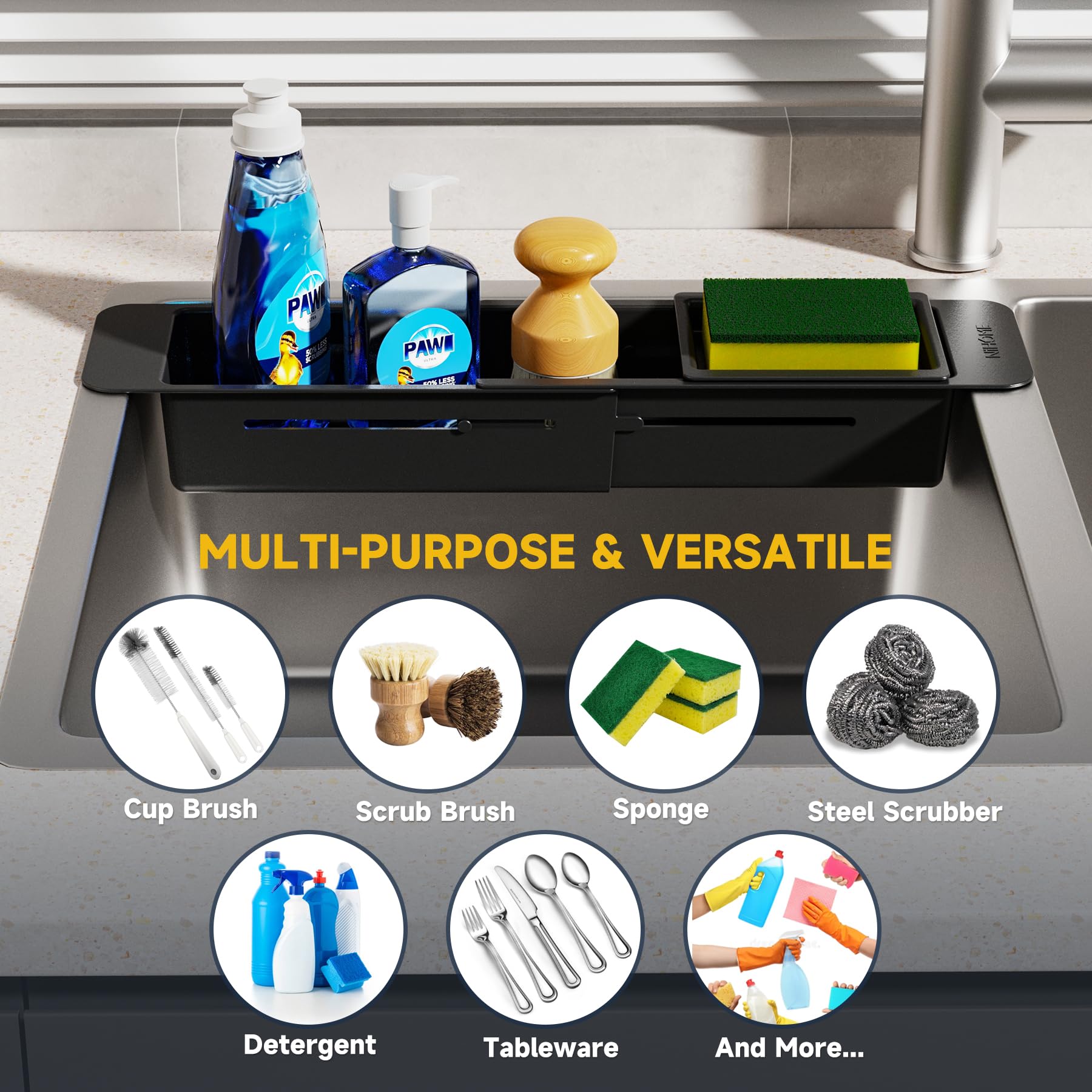 Organizador de cocina extensible sobre el fregadero, pequeño estante telescópico de almacenamiento de cepillos para esponja, almohadillas antideslizantes, organizador de fregadero expandible 7