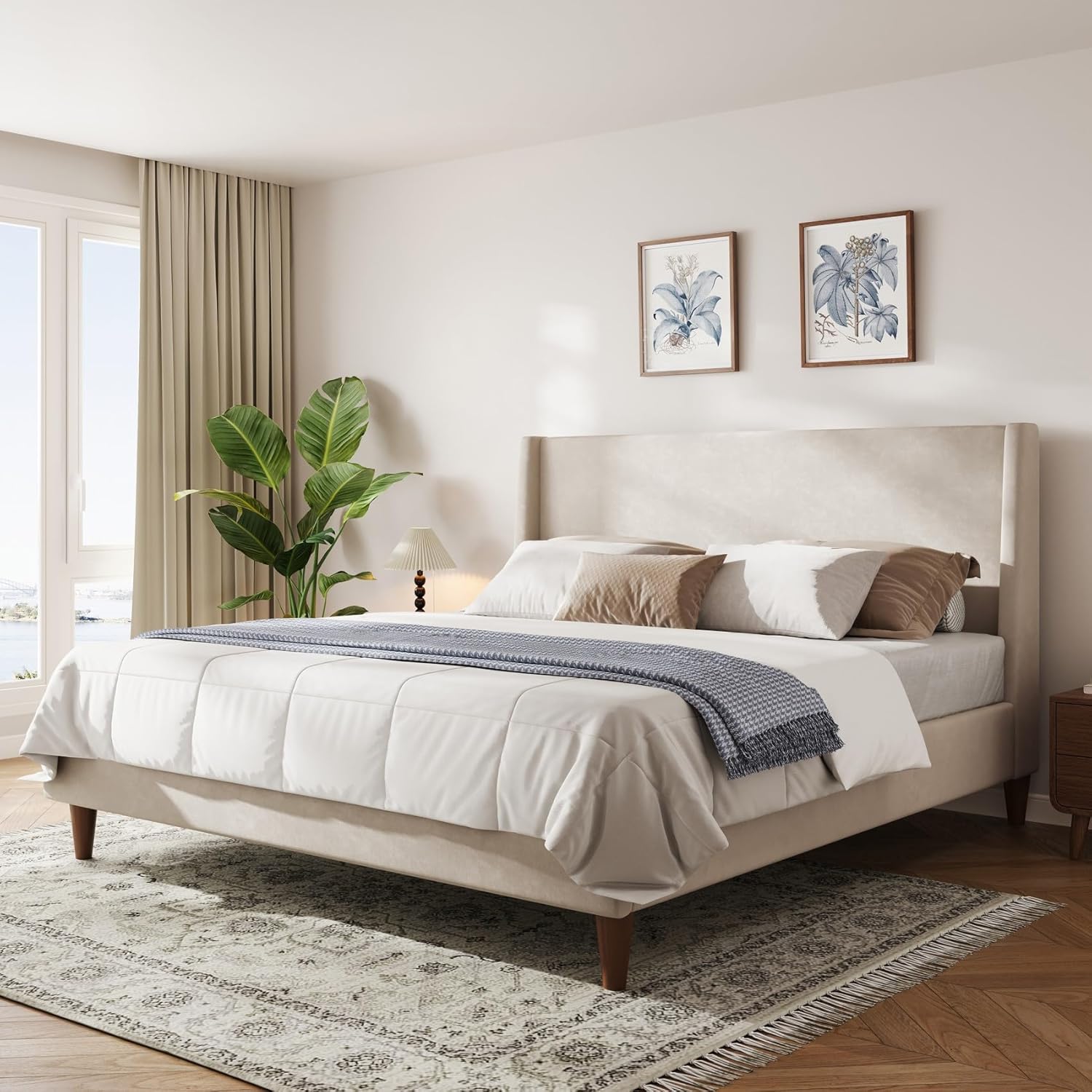 Merax Solid Wood King Size Velvet Bed Frame with Wingback Headboard, Modern Upholstered Platform with Walnut Wooden Legs, Strong Wooden Slats, No Box Spring Needed, Beige