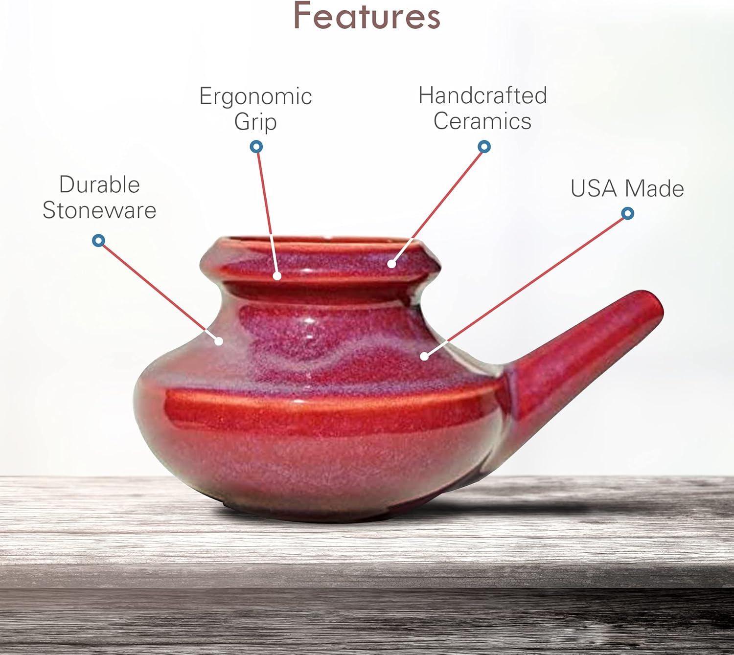 Baraka Handcrafted Ceramic Neti Pot - Nasal Rinse Tool for Home, Clears Nasal Passages, Hydrates Sinuses, Dishwasher Safe, Durable Food Grade Ceramic Glazes, Lightweight, Easy to Use - 10oz (Red)