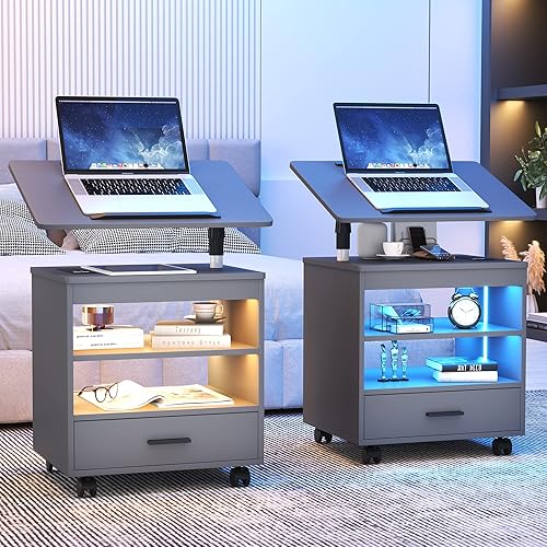 FREDEES Juego de 2 mesitas de noche LED con estación de carga y 2 tomacorrientes, moderna mesita de noche con bandeja ajustable de 360, mesita de