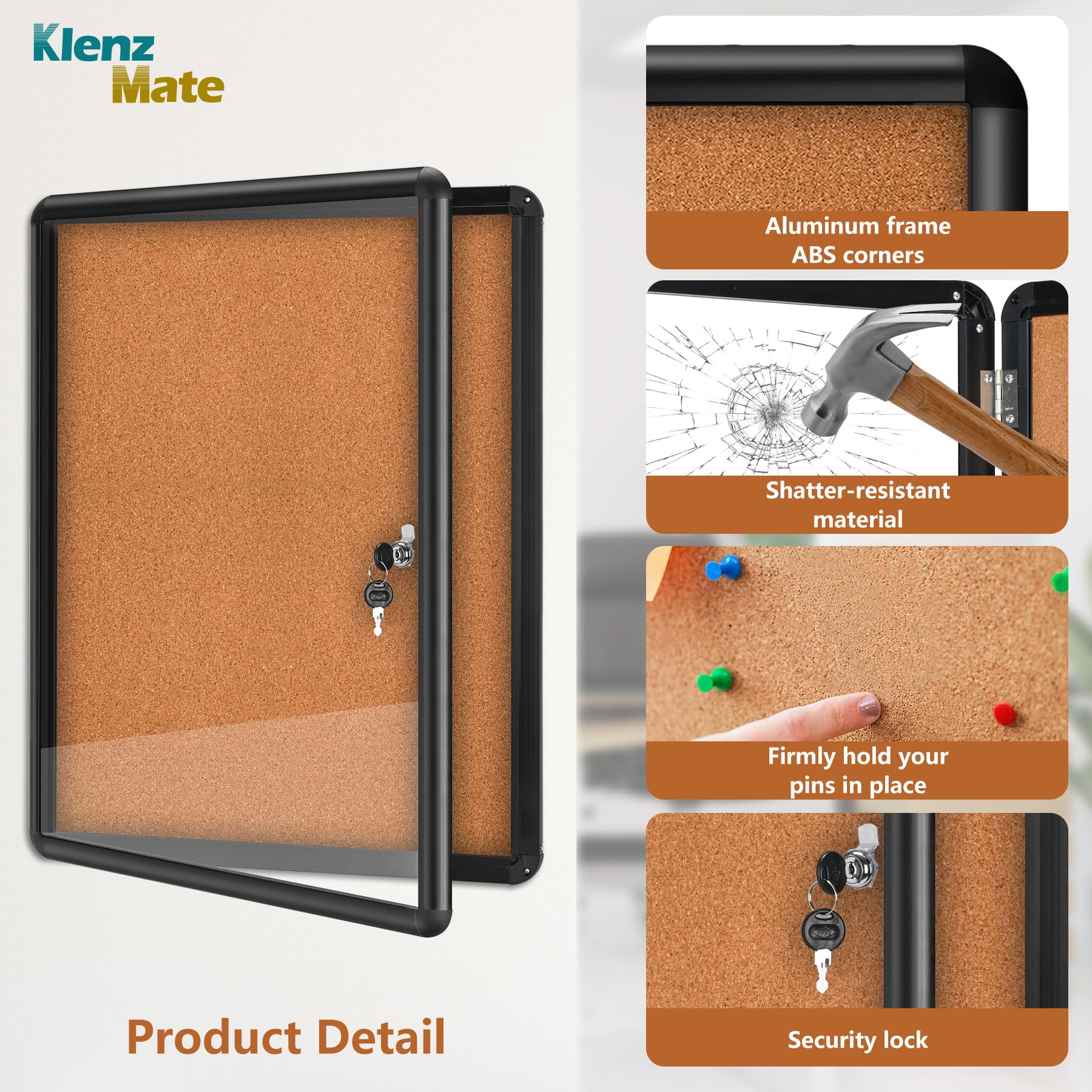 Tablero de anuncios de corcho cerrado de 66 x 50 cm, a prueba de manipulaciones, marco de aluminio, tablero de anuncios con cerradura resistente a roturas con puerta acrílica transparente para escuela