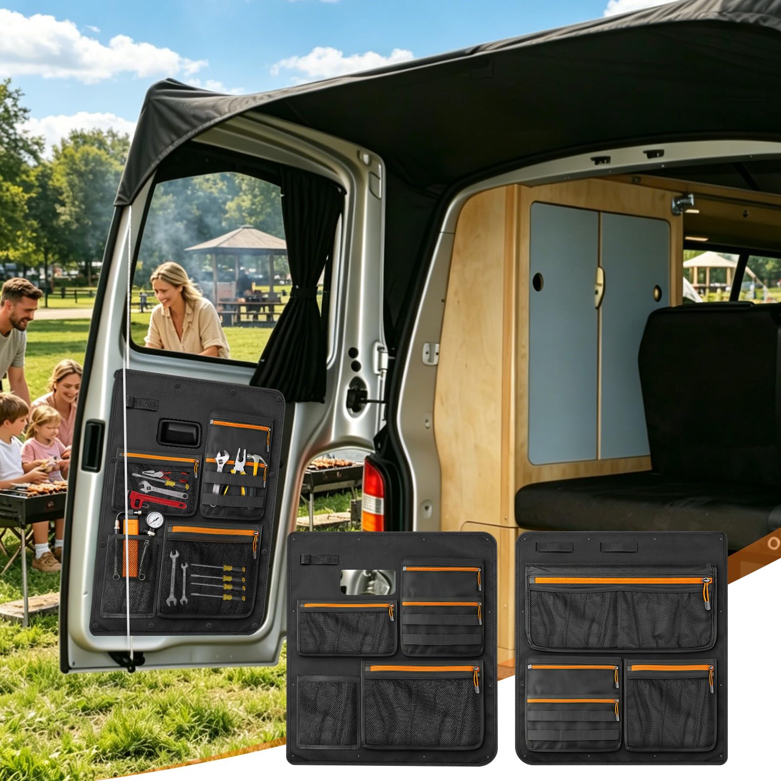 Lot de 2 Sacs de rangement pour hayon de voiture Compatible avec VW T5 T6, Organisateur de rangement pour panneau de porte arrière Tissu Oxford