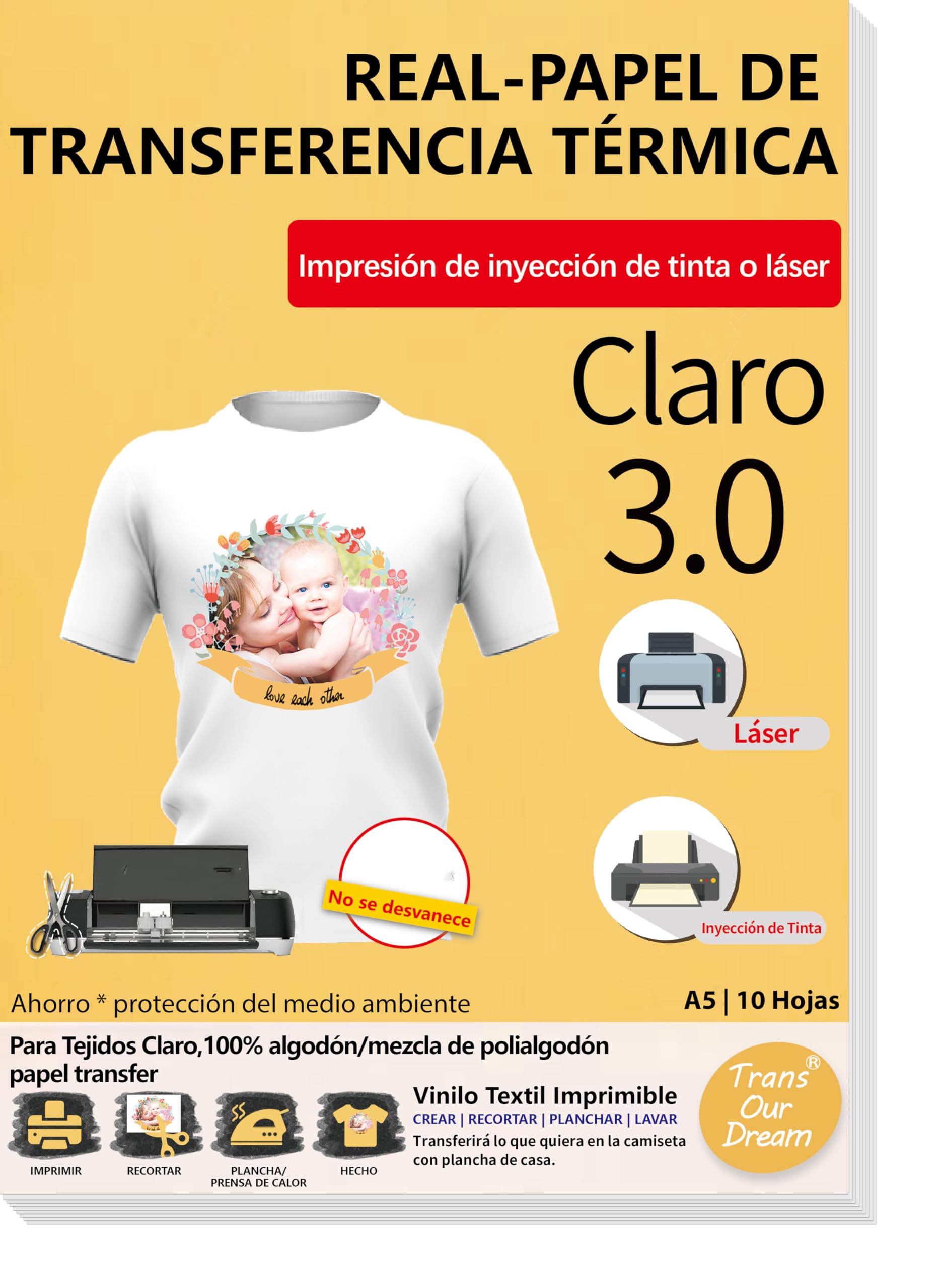 TransOurDream-Papel de Transferencia Para Camiseta Clara,3.0 Ahorro*protección del medio ambiente (A5X10 Hoj.),Papel Transfer Apto Tinta o Láser,vinilo HTV,Perfecto para Fiesta.ES-03-10A5