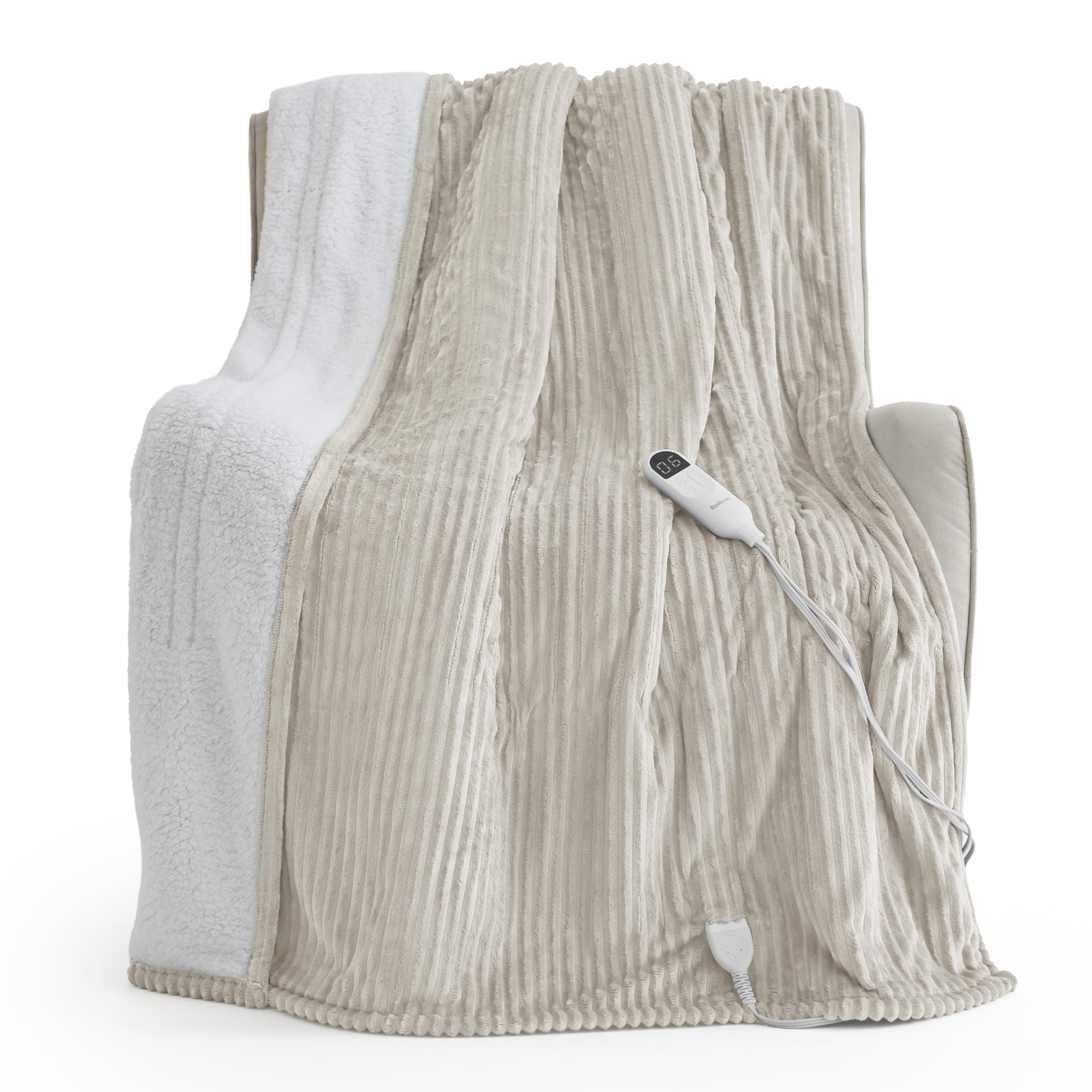 Bedsure Ribbed Heated Blanket Throw XL, Cream Electric Blanket, Preheat