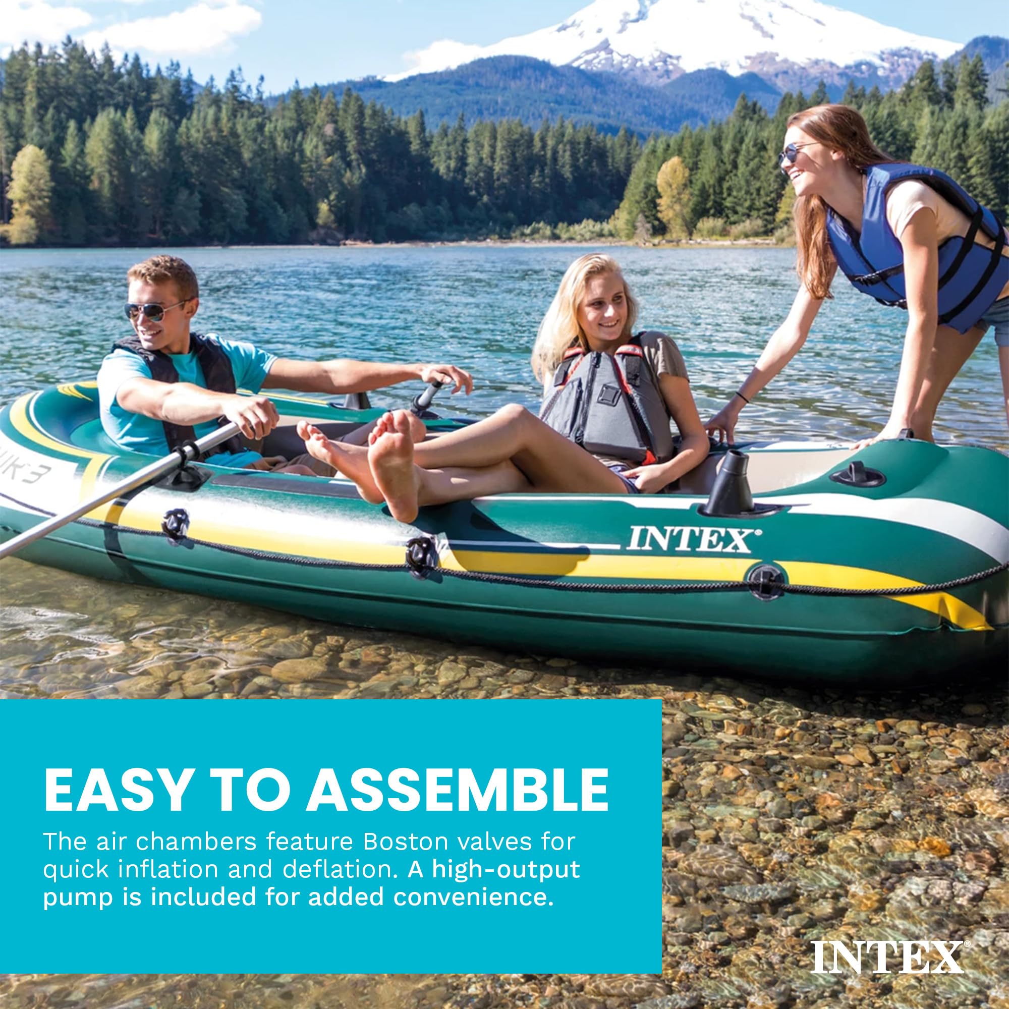 INTEX Serie di barche gonfiabili Seahawk: include remi in alluminio deluxe e pompa ad alto rendimento, PVC super resistente, supporti per canna da pesca, maniglie resistenti, custodia per attrezzi