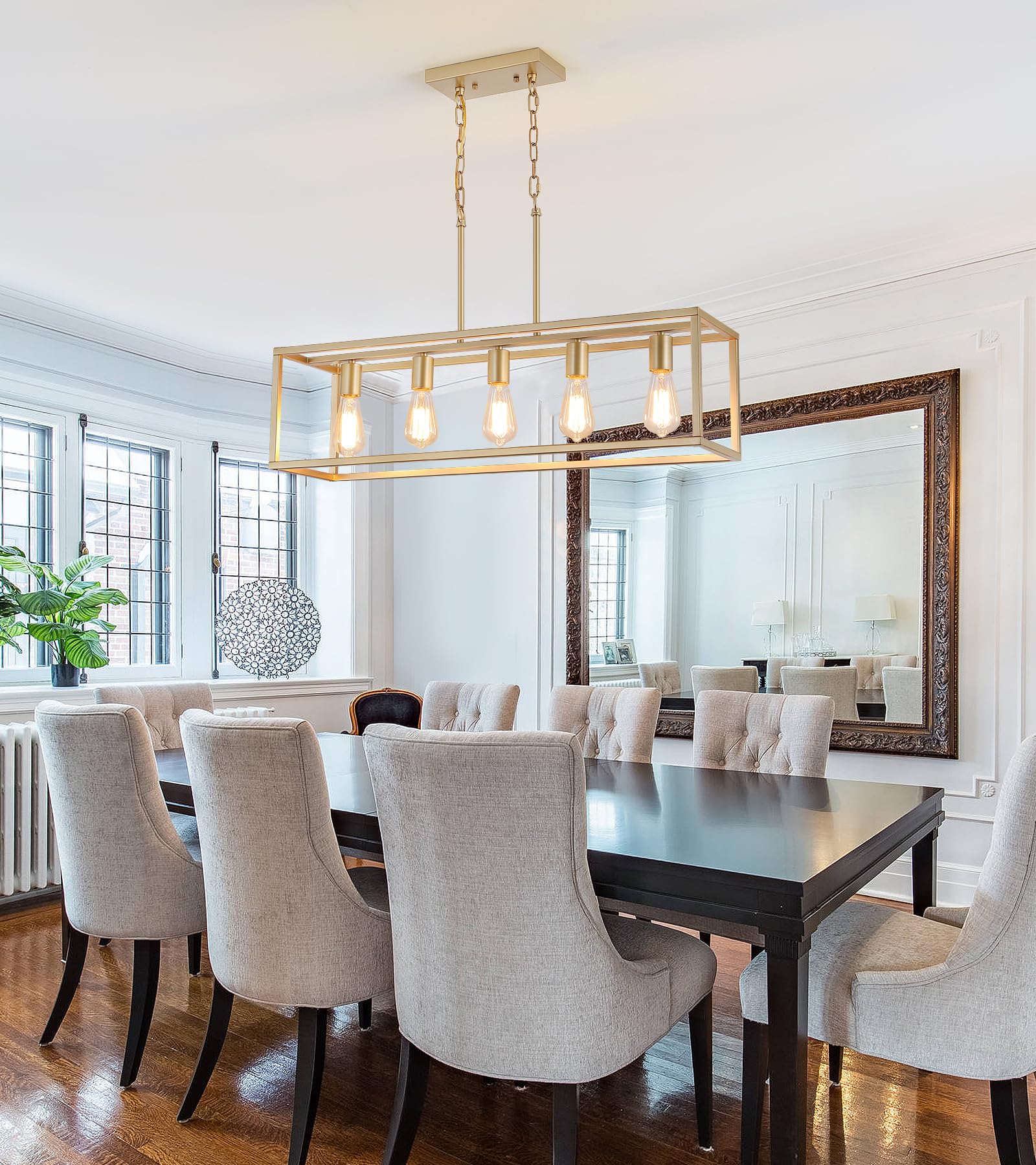 AMZASA Gold Rectangle Kitchen Island Lights Rectangular Modern Industrial Chandelier for Dining Room 5 Lights Linear Vintage Cage Light Fixtures UL Listed