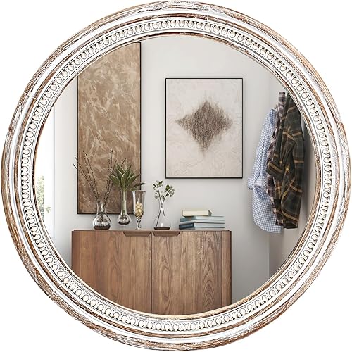 Espejo redondo de madera rústico de 24 pulgadas, espejos decorativos redondos bohemios rústicos para baño, sala de estar, entrada, dormitorio,