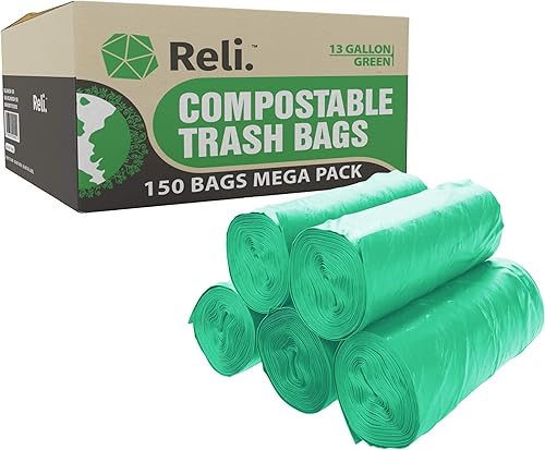 Reli. Bolsas de basura compostables de 13 galones 150 unidades a granel ASTM D6400 Verde Ecológico Para compostaje