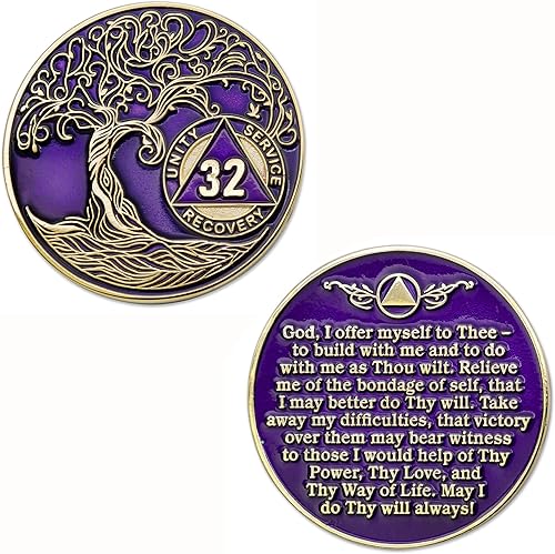 Miniatura 8 de Sobriety Mint Medallón AA de 13 años, chip de recuperación AA chapado en oro, árbol de la vida, morado