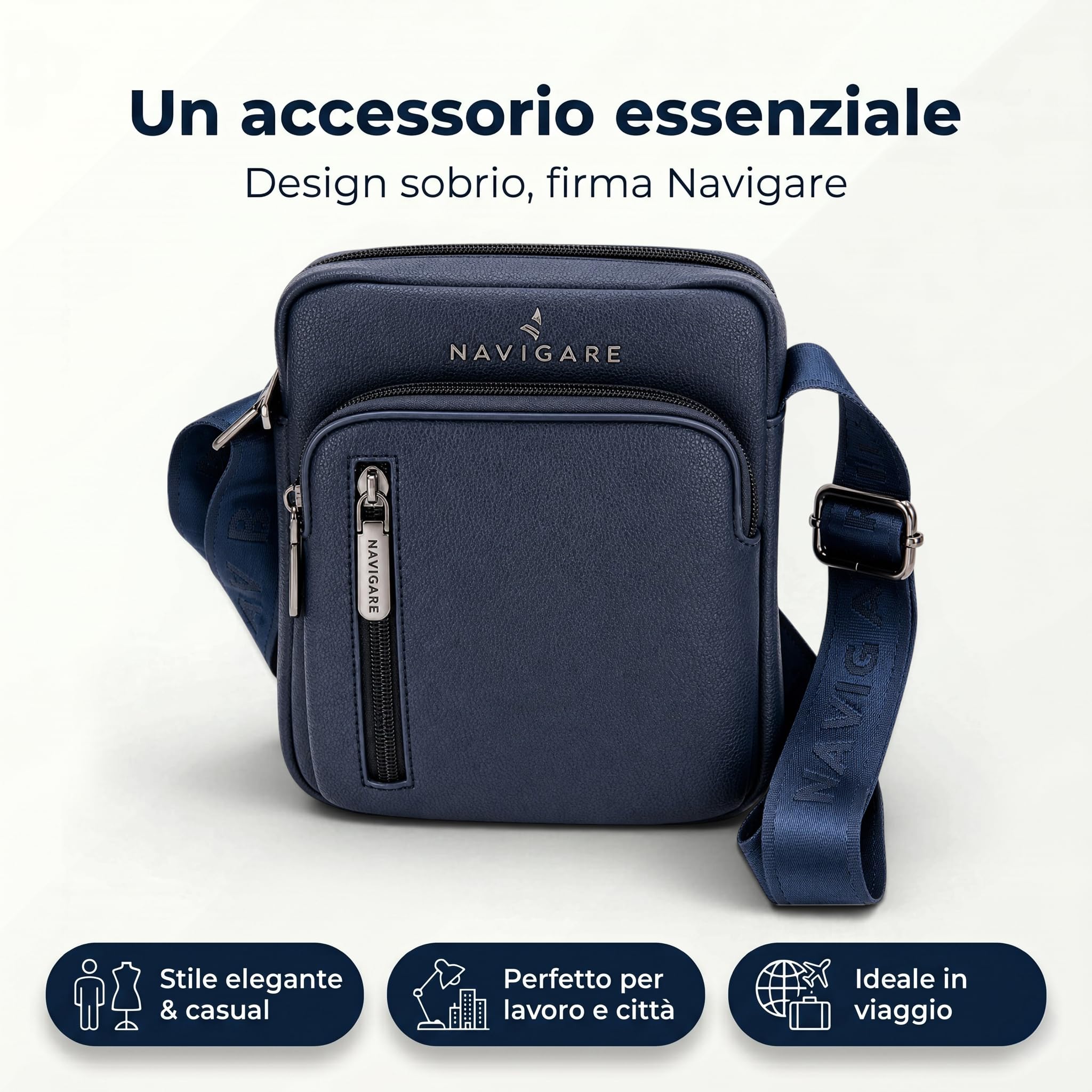 Navigare BORSELLO UOMO TRACOLLA – Borsello Uomo in Ecopelle con Tracolla Regolabile, 2 Tasche con Zip e Scomparti Interni, Stile Elegante e Casual per Lavoro, Viaggio e Tempo Libero