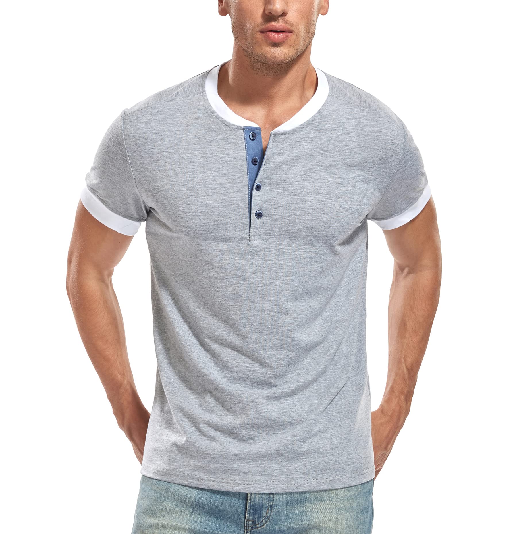 WAZZAP Henley Camisetas de Manga Corta Cuello Redondo Casual Slim Fit con 4 Botones para Hombre