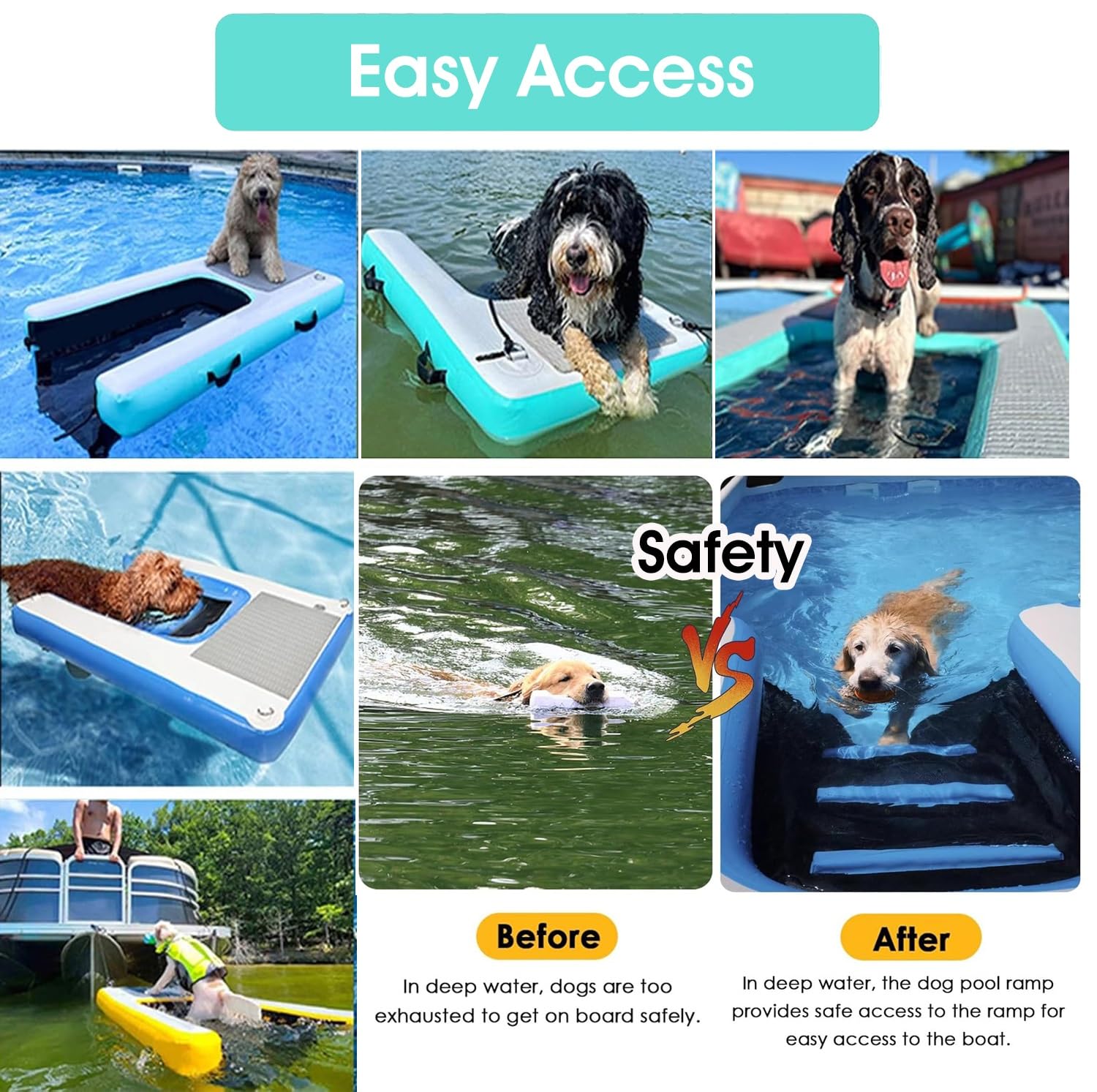 Rampa de agua para perros Rampa De Piscina Para Perros Para Piscina Enterrada, Plataforma De Muelle Inflable Para Perros Pequeños Medianos Grandes Para Pontón/ Lagos/ Playas(Black,LxWxH 150x100x10 cm)