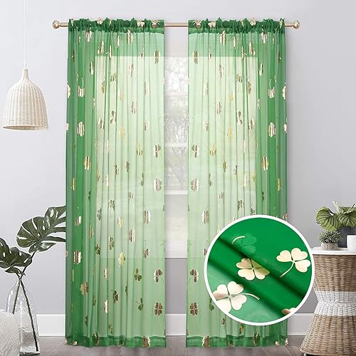 Miniatura 2 de Cortinas traslúcidas de gasa con estampado de lámina dorada, cortinas de ventana con bolsillo para barra, 84 pulgadas de largo, paneles de