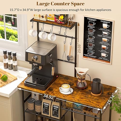 Miniatura 5 de Estante de cocina para hornear con almacenamiento, soporte para microondas con estantes ajustables y 10 ganchos en S, estación de barra de café de 6