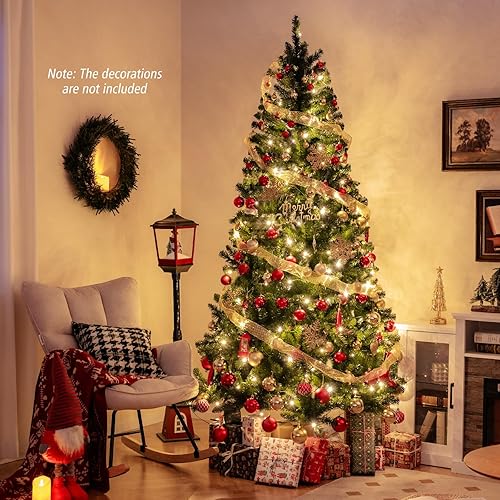 Miniatura 98 de GOFLAME Árbol de Navidad artificial preiluminado de 8 pies con luces LED blancas cálidas y conos de pino, decoración navideña para el hogar