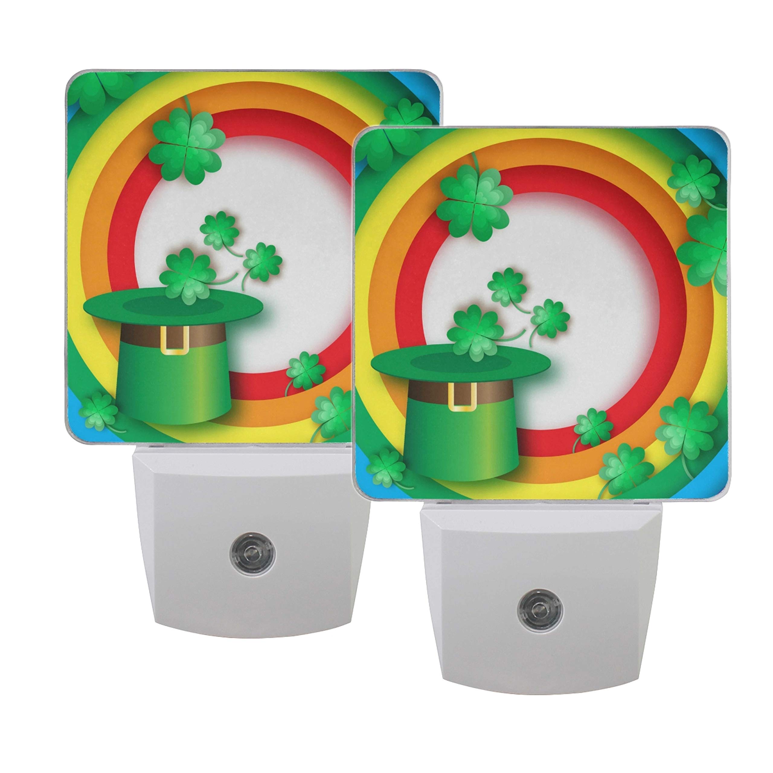 Naanle Set of 2 Rainbow Circle Green Irish Shamrock Magical Four Leaf Clover Leprechaun Hat St. Patrick's Day Auto Sensor LED Dusk to Dawn Night Light Plug in Indoor for Adults