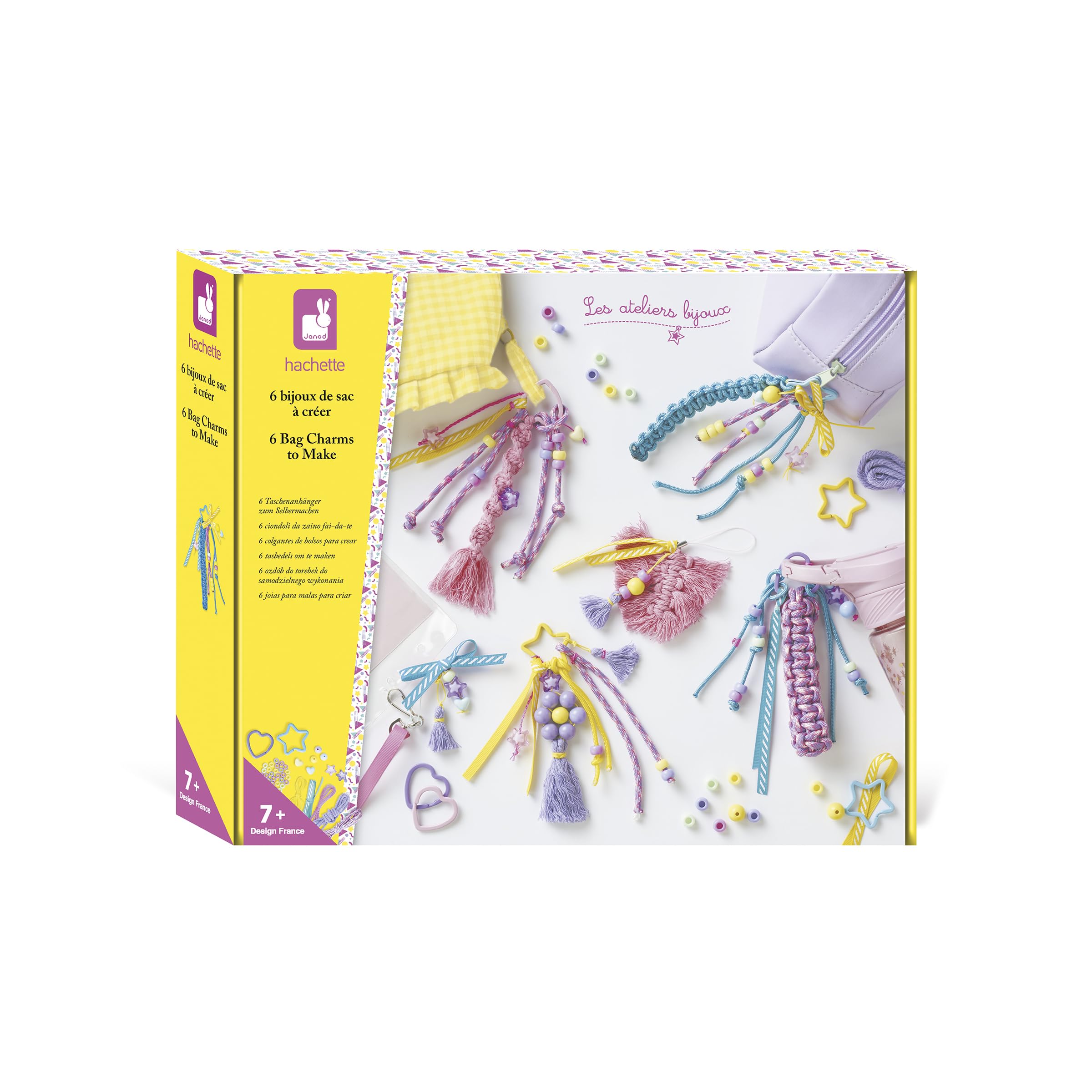 Janod - Kit Creativo Gioielli per Borse - 6 Accessori da Personalizzare (4 Gioielli Grandi + 2 ciondoli) - Perline Colorate, Fili macramè, Nastri - attività Fai da Te dai 7 Anni - Cofanetto Regalo