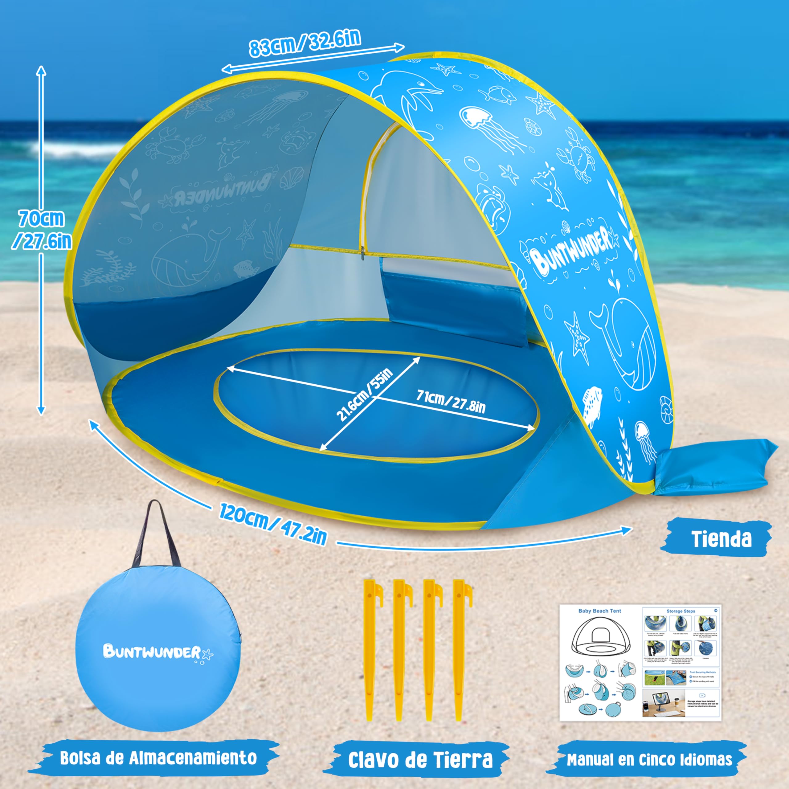 Herenear Tienda Playa Bebé Pop Up, Tienda Refugio Infantil con Mini Piscina, Plegable Portátil Protección UV para Playa, Pícnic y Jardín (Azul)