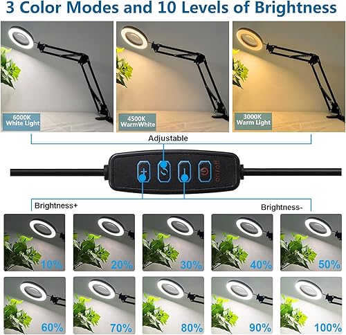Miniatura 3 de HITTI - Lupa 5X con luz con abrazadera, 3 modos de color, lámpara de aumento regulable continua, 72 LED de lente de cristal real con luz y soporte