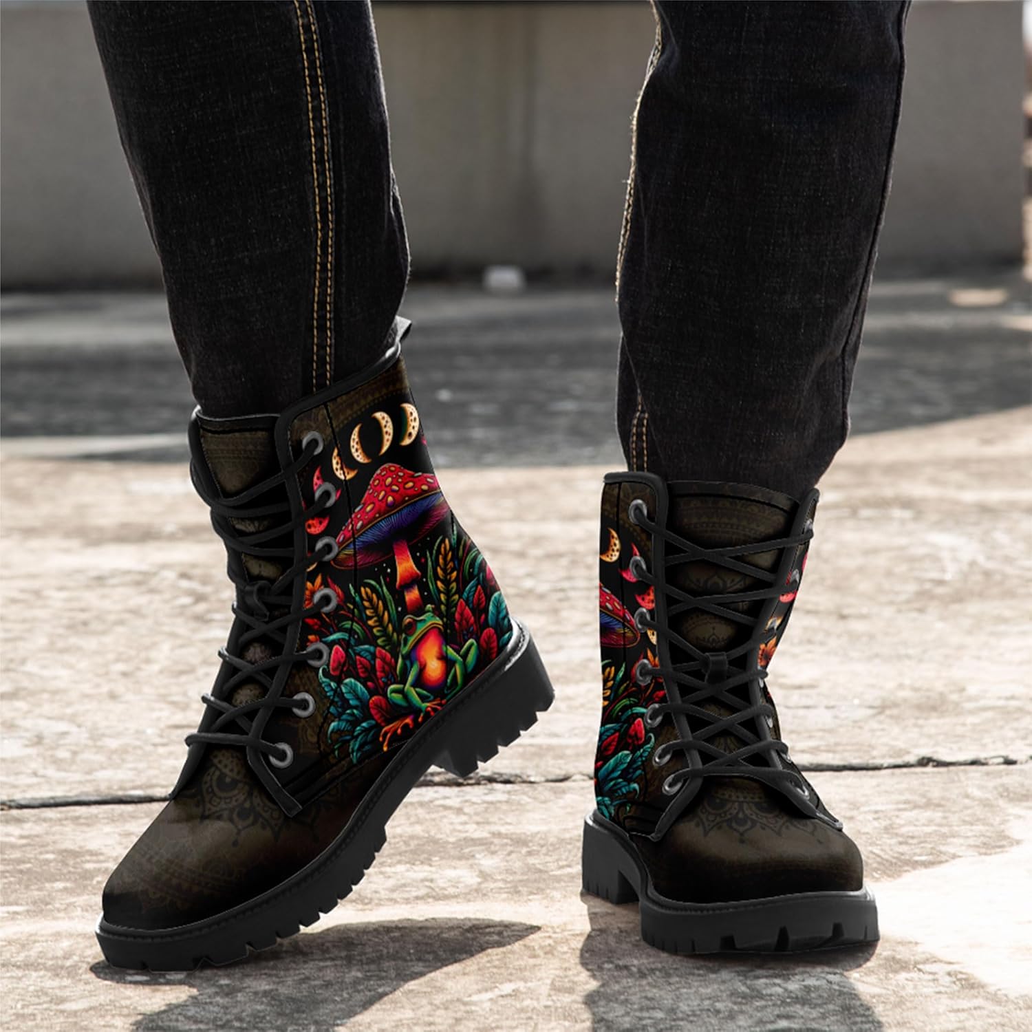 Women's Bohemia Mushroom Combat Boots Fashion Flower Lace-Up Ankle Booties for Walking, Hiking, Festivals,Casual Wear - Image 3