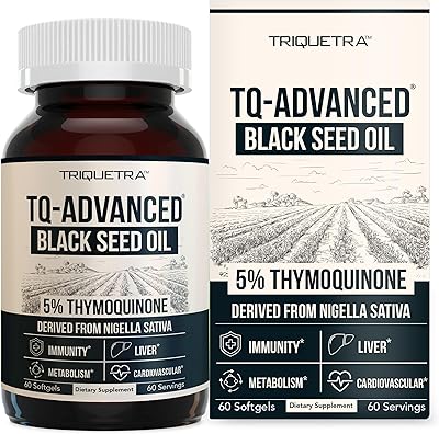 Black Seed Oil Softgels | 5% Thymoquinone - TQ-Advanced | High Potency - 500 mg per Capsule - 15:1 Concentrate from Nigella Sativa Extract, Raw Form, Vegan Formula, Glass Bottle 60 Softgels