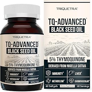 Black Seed Oil Softgels | 5% Thymoquinone - TQ-Advanced® | High Potency - 500 mg per Capsule - 15:1 Concentrate from Nigella Sativa Extract, Raw Form, Vegan Formula, Glass Bottle (60 Softgels)