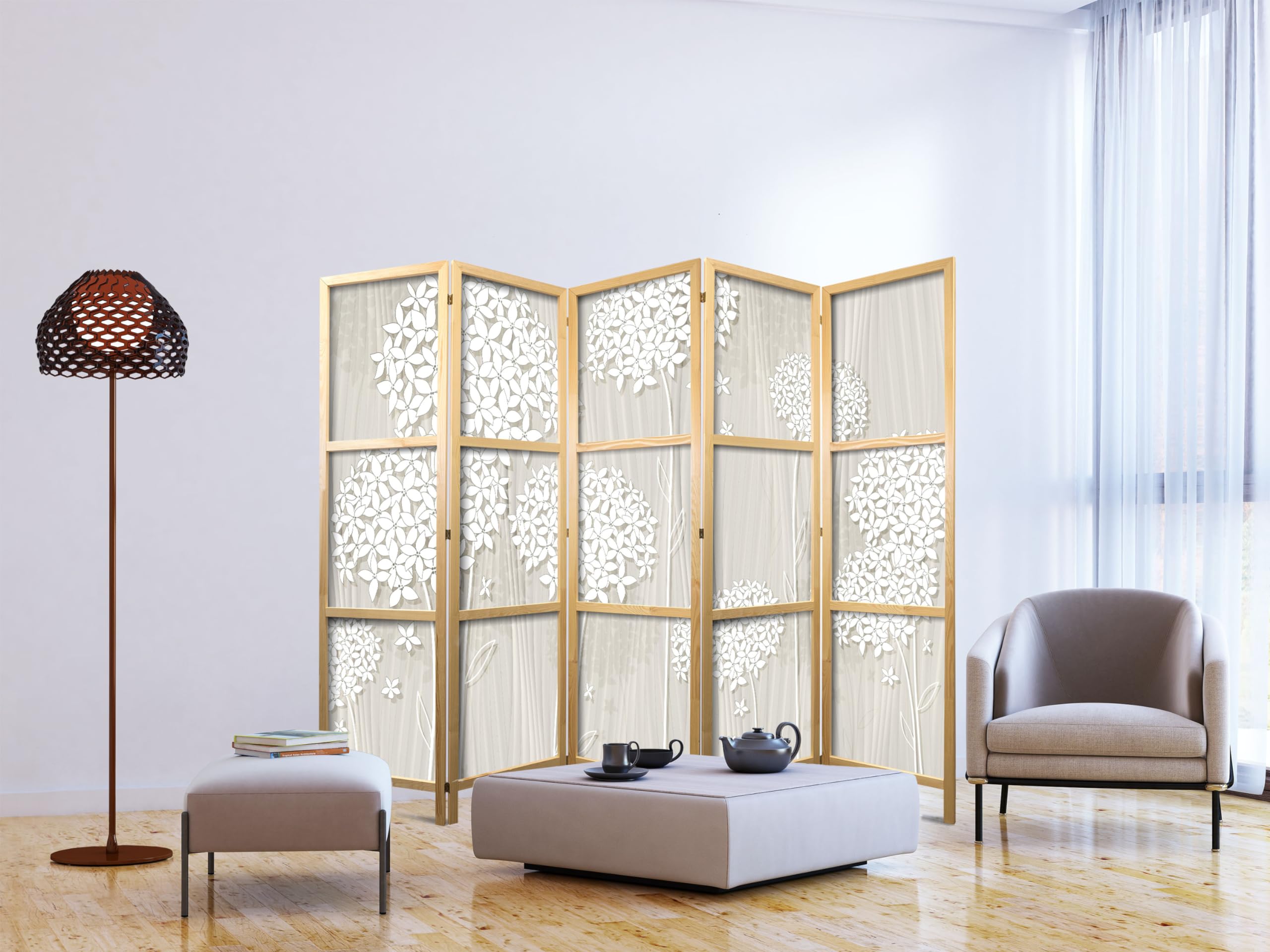 murando - Paravent Intérieur Japonais 225x172 cm - Séparateur de Pièce en Bois Naturel - Paravent Oriental Portable et Pliable - Motif Floral Élégant avec Fleurs Délicates b-B-0278-bh-c