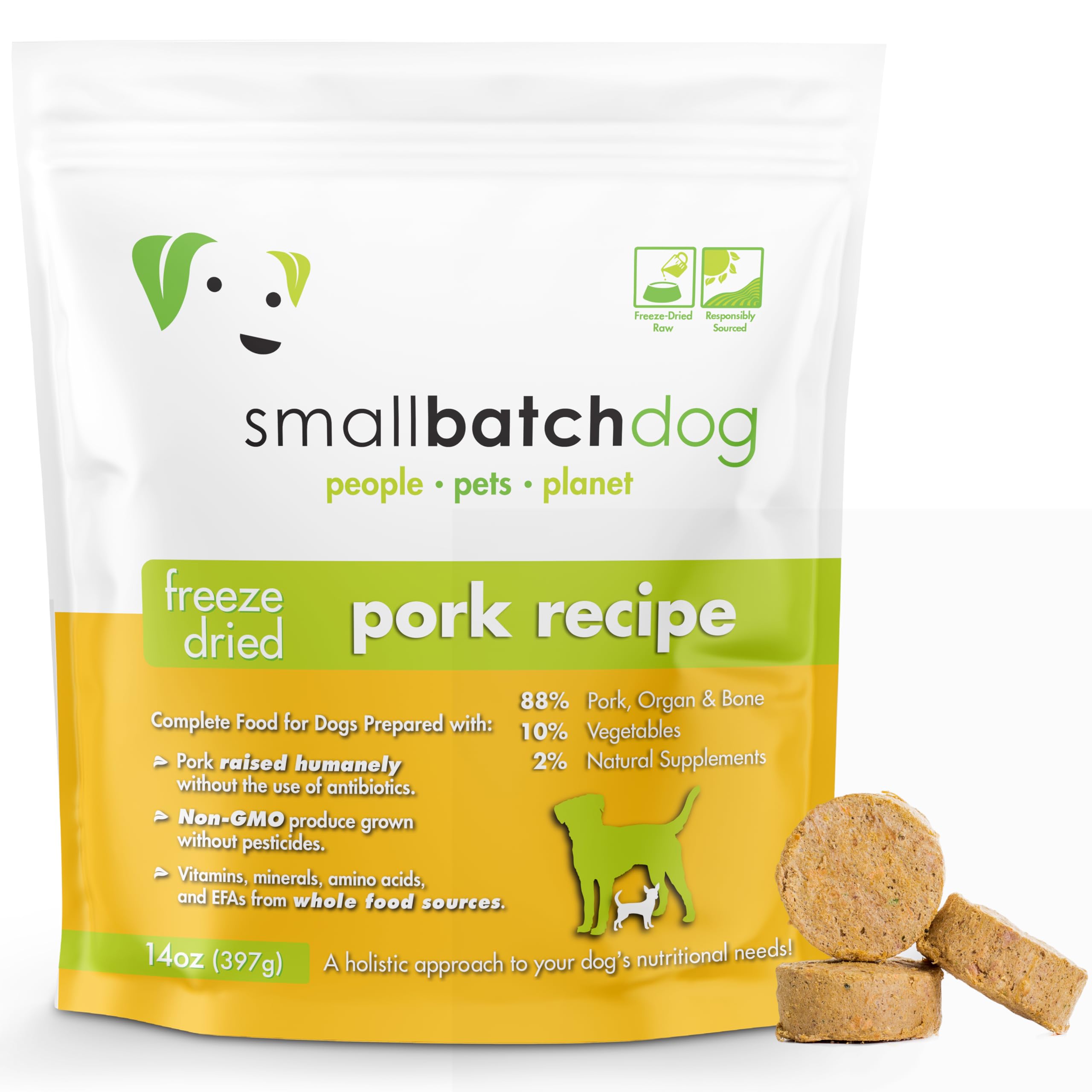 smallbatch Pets Freeze Dried Raw Dog Food, Pork Recipe, 14 oz, Organic High Protein Dog Food, Grain Free, Made in The USA, Humanely Raised Meat, Single Protein, for Picky Eaters, Hydrate & Serve