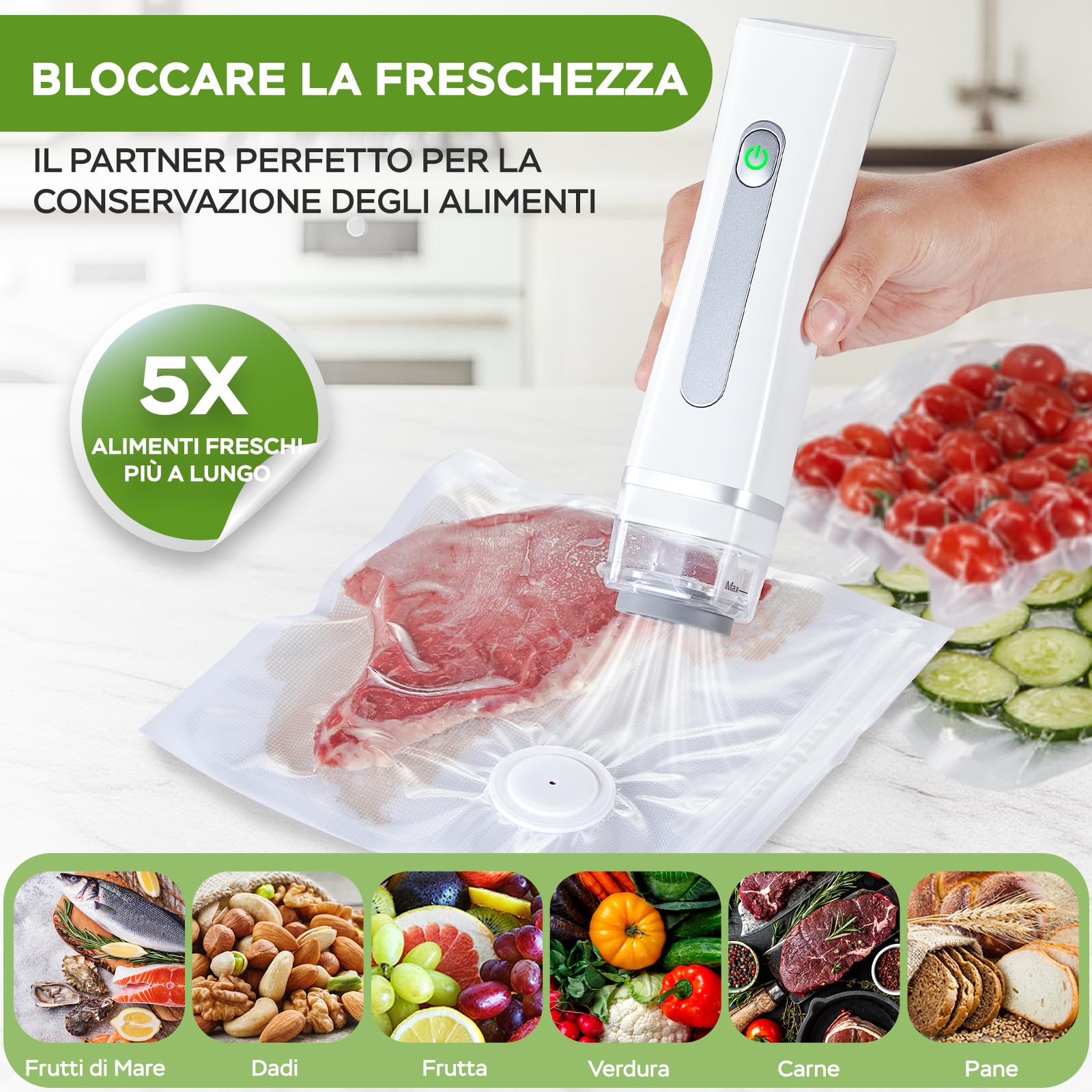 Macchina Sottovuoto per Alimenti, Sottovuoto Alimenti Portatile con 20 Sacchetti Sottovuoto Riutilizzabili, Macchina Sottovuoto per la Cottura Sottovuoto e la Conservazione Degli Alimenti