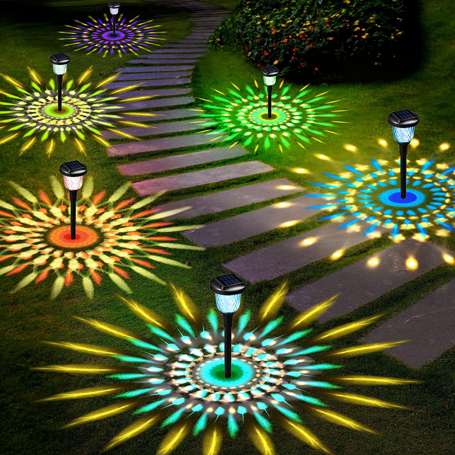 Wishlink6Pack Solar Outdoor High-end Glass Dream Dynamic Fade Pattern Lights,Color Changing Pattern&Warm White Solar Glass Lamp,IP65 Waterproof Solar Powered Pathway Lights Made of Metal&Glass