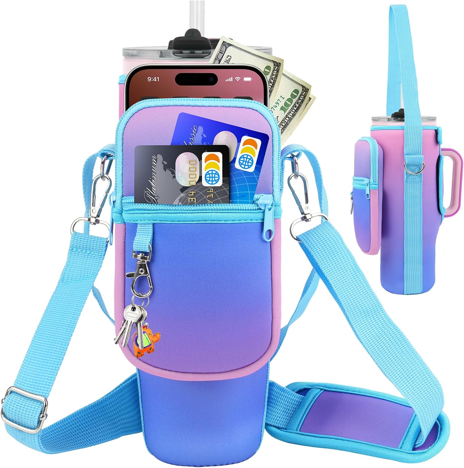 LEFOR·Z Water Bottle Carrier Bag with Phone Pocket Compatible with Stanley/Meoky 40 oz Tumbler with Handle,Water Bottle Holder Pouch with Adjustable Strap Compatible with Stanley Cup Accessories
