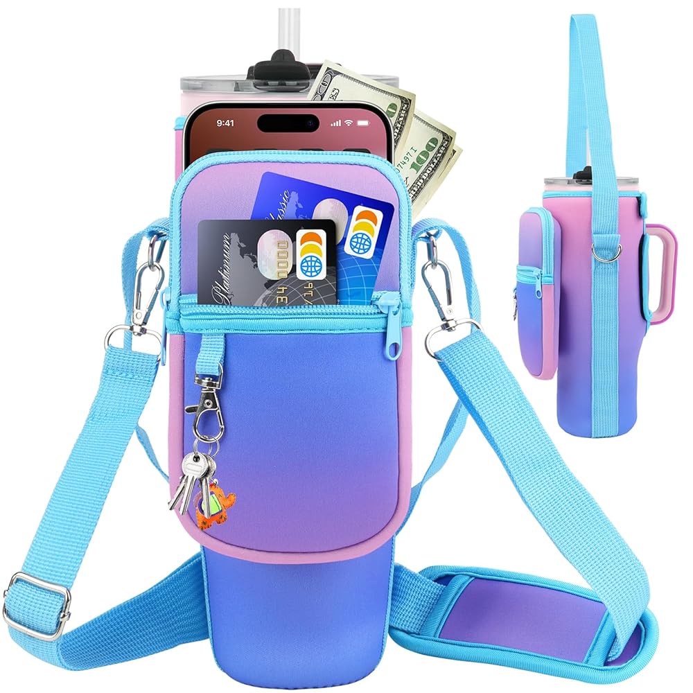 Water Bottle Carrier Bag with Phone Pocket Compatible with Stanley/Meoky 40 oz Tumbler with Handle,Water Bottle Holder Pouch with Adjustable Strap Compatible with Stanley Cup Accessories