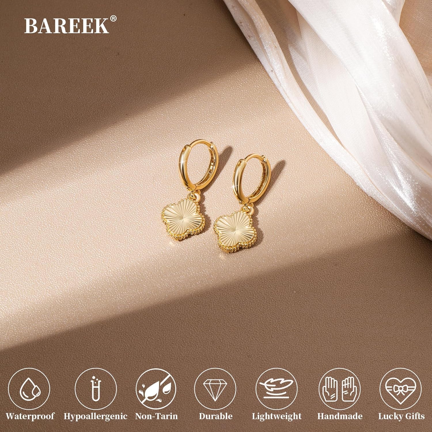 Clover Earrings for Women,14K Gold Four Leaf Dangle Hoop Earring image 5