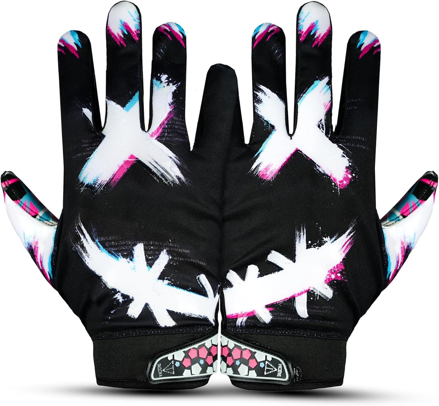 TAQCHA Jester Cross Eyes Football Gloves - Elite Trendy Wide Receiver Gloves – Extra Sticky Grip for Game Day, Training, High School and College - Adult and Youth Sizes
