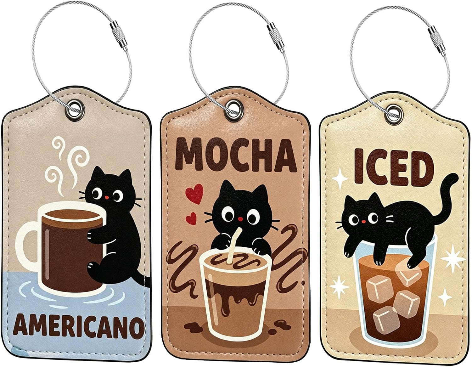 Stargaz Personalized Luggage Tags for Suitcases - 3 Pack Coffee and Cats PU Leather Luggage Tags, Waterproof Travel ID Tags with Privacy Protection for Cruise, Airport & Ship(Coffee and Cats)