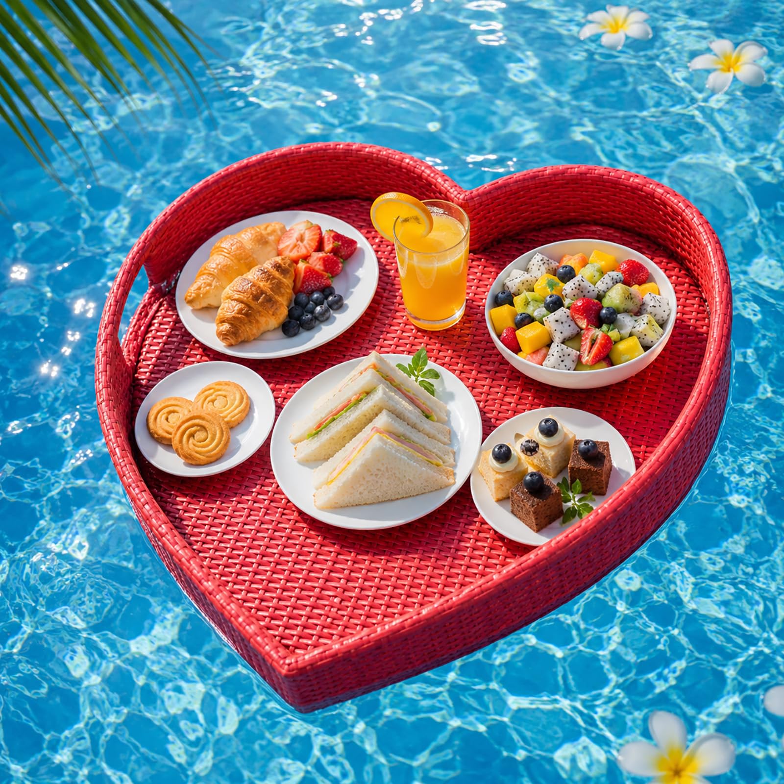Schwimmendes Serviertablett für Pool, Großes Rattan Pooltablett für Getränke Snacks und Brunch, Schwimmende Poolbar für Pool Whirlpool Spa und Gartenparty