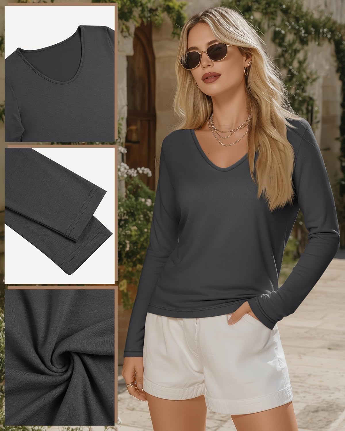 5 Pack Women's V Neck Long Sleeve Tops Bulk, Loose Fit Casual T-Shirts Layer Soft Trendy Outfits Basic Tees - Image 5