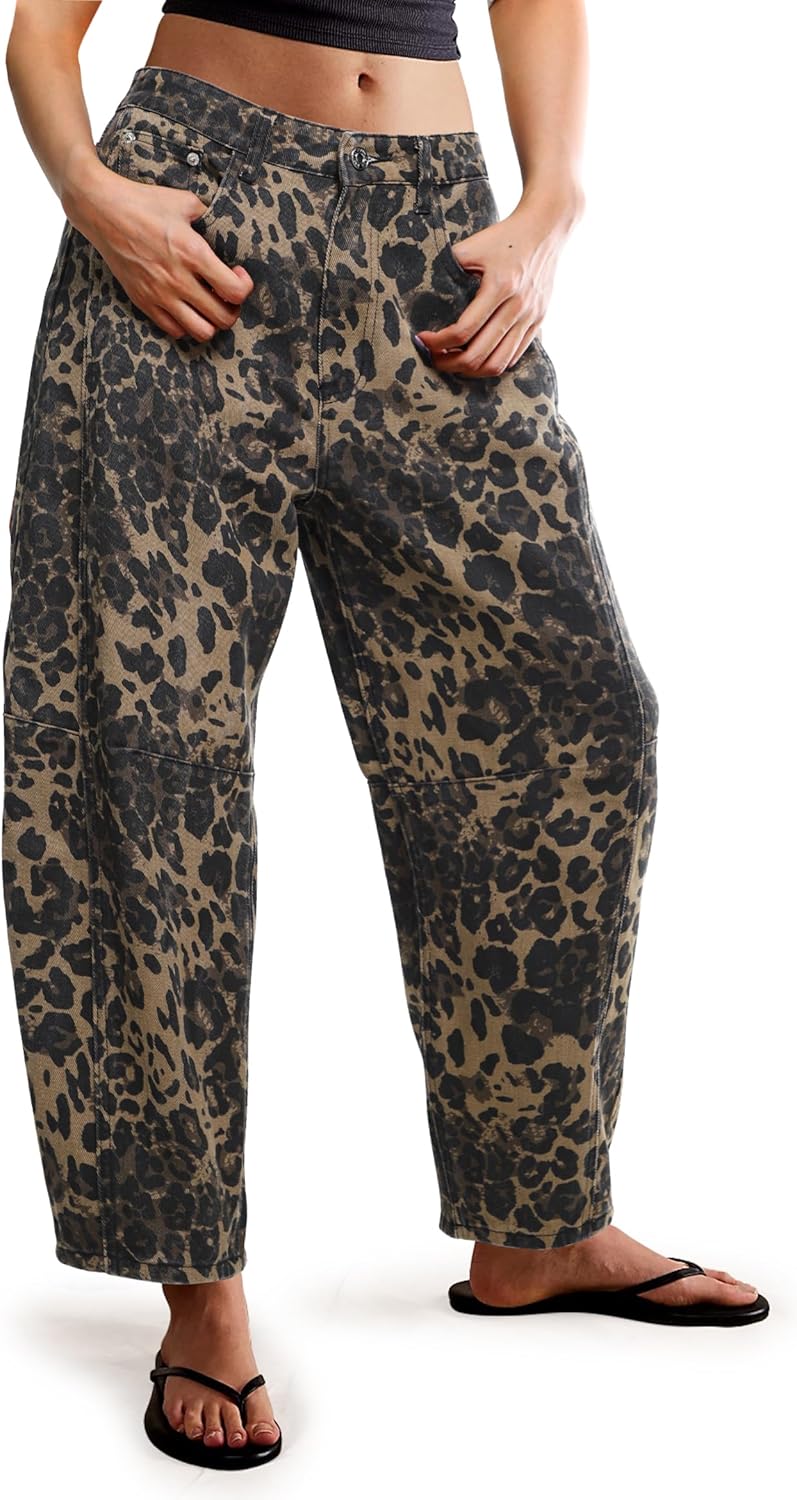 Women's Barrel Boyfriend Baggy Leopard Print Jeans Mid Rise Cropped Wide Leg Y2K Horseshoe Jeans for Women Trendy